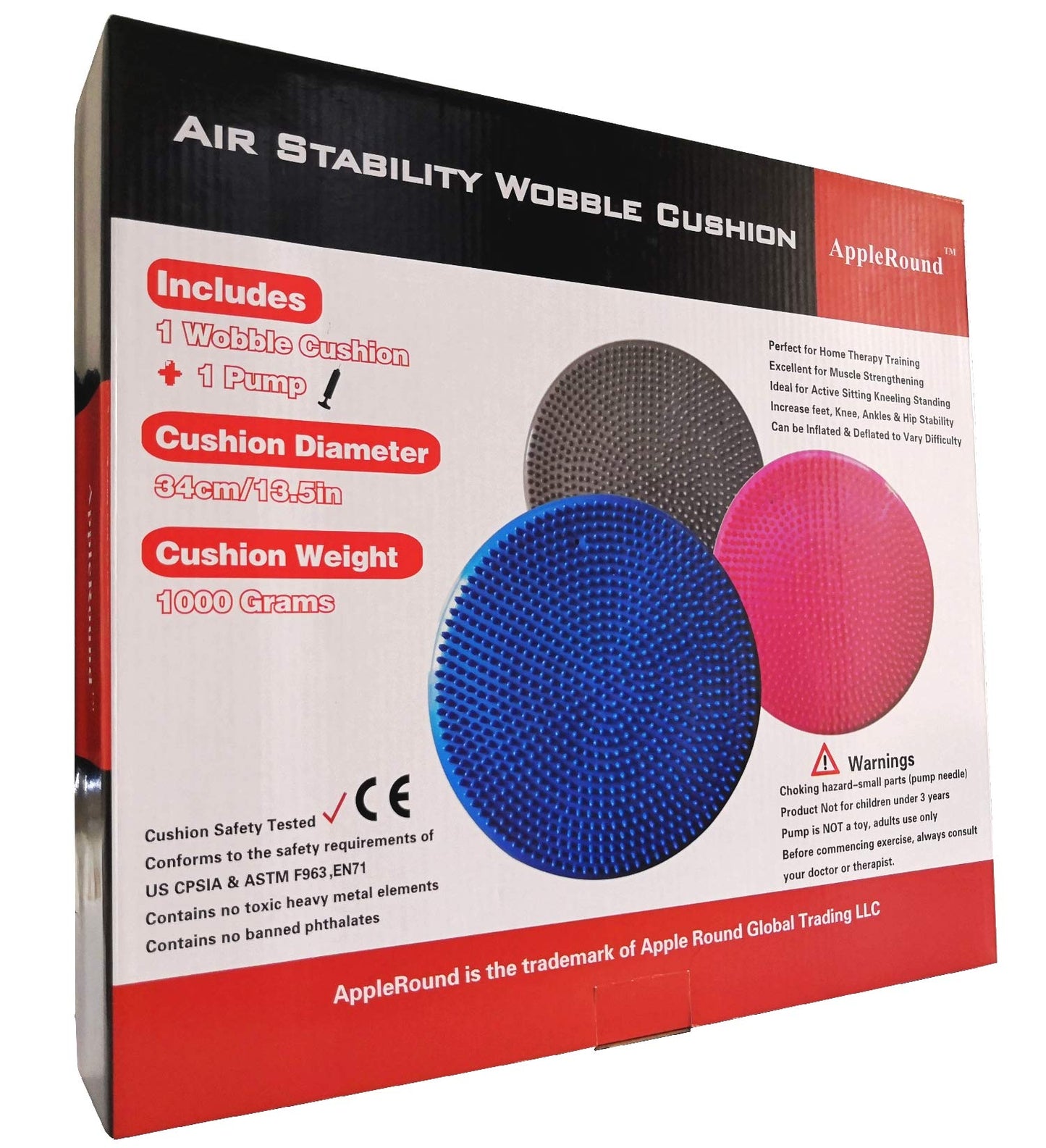 AppleRound Inflated Wobble Cushion with Hand Pump, Air Stability Board (Extra Thick), Core Balance Disc for Adults, Sensory Wiggle Seat for Kids, Flexible Seating for All Age, 13.5in / 34cm Diameter