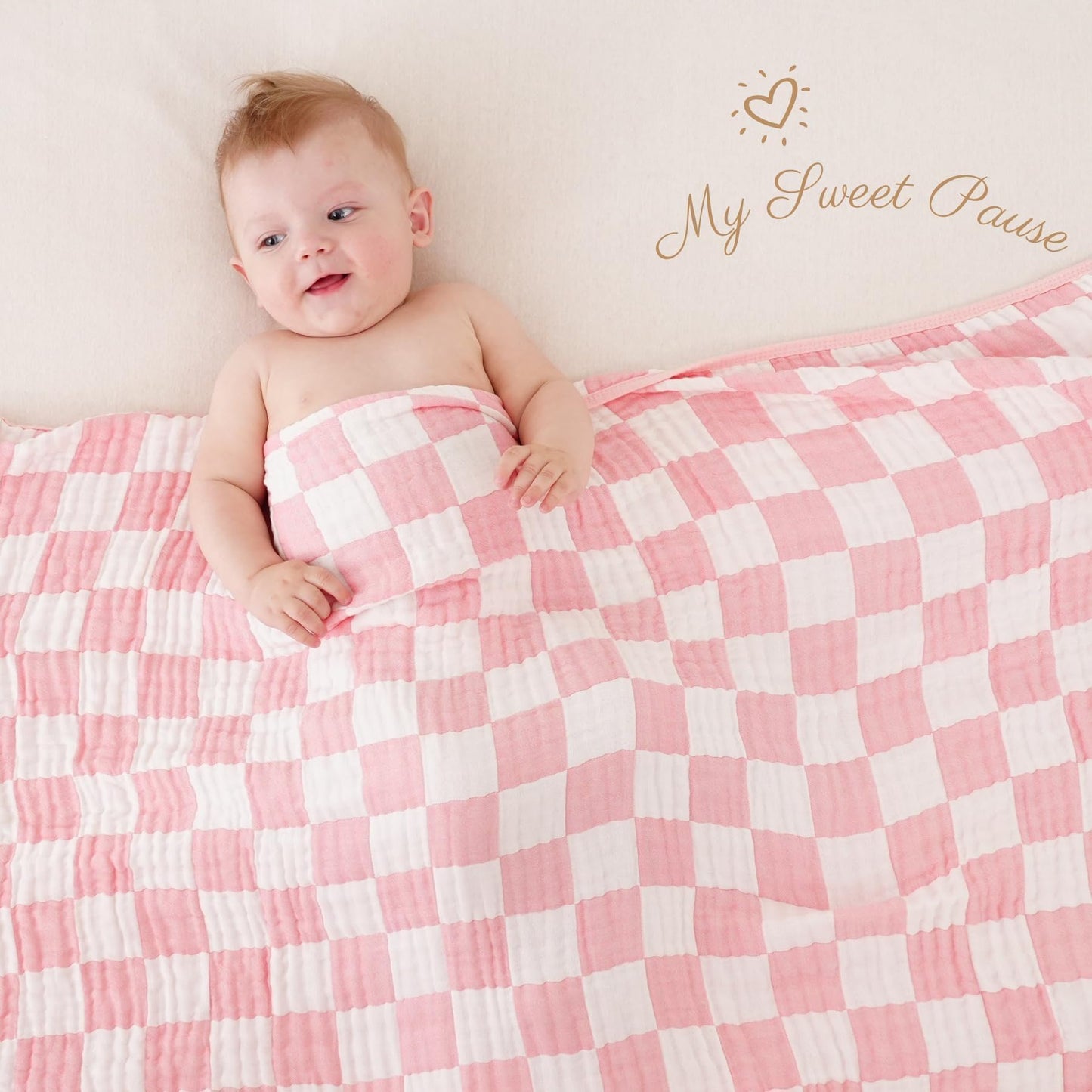 HardNok Ultra-Soft Muslin Baby Blanket - Swaddle & Crib for Girls, Pink Checkered (1-Pack)
