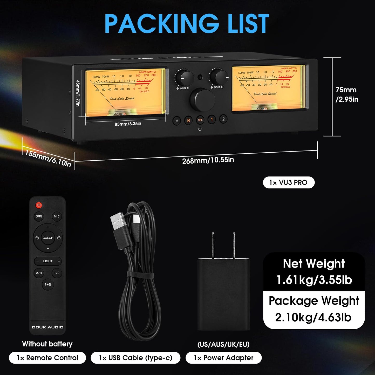 Douk Audio VU3 PRO Dual Analog VU Meter, 2-Way Amplifier Switch, Speaker Selector, Amp Audio Switcher Box 2-IN-2-OUT with DB Panel Display