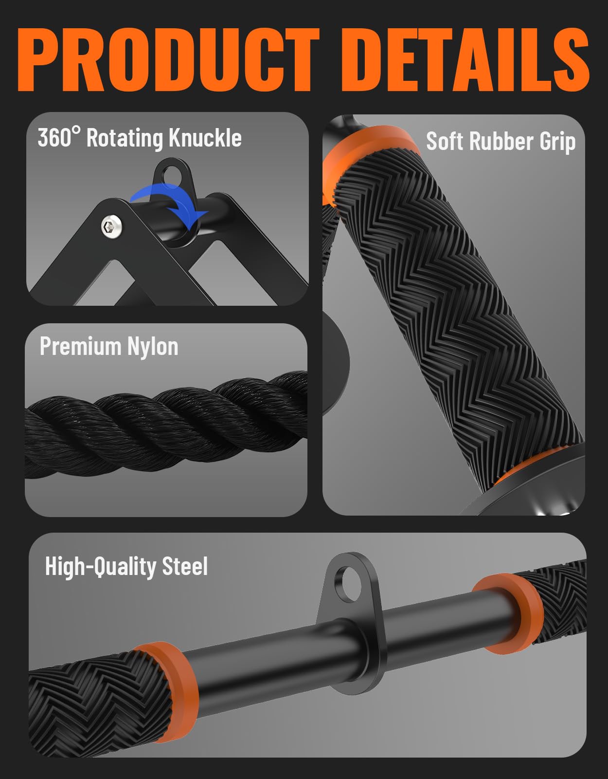 Fitarc Cable Machine Attachment Set for Gym & Home Workouts, Lat Pulldown Attachments with Non-Slip Grips, Orange