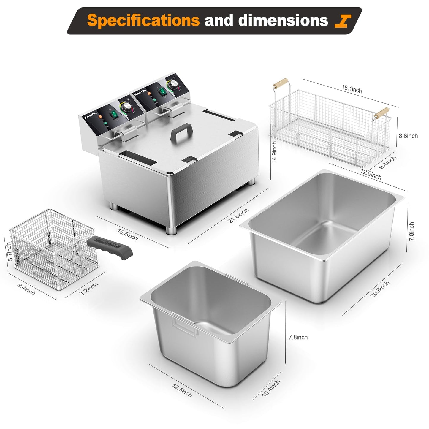 WaterElfo electric turkey fryer Commercial deep fryer with basket 3600W27.4QT with timer26L deepen deep fryer Variable twin cylinder 13.7QT*2 Rapid heating