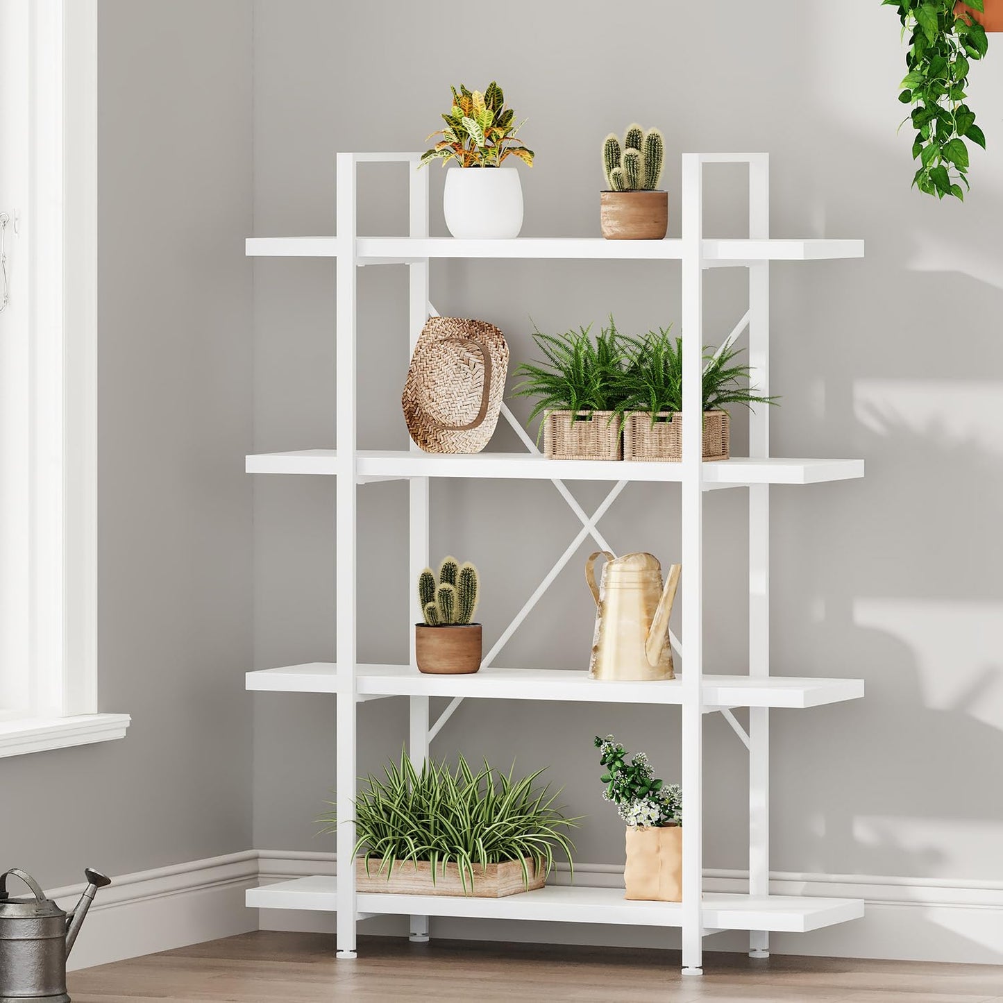HSH 4 Tier White Bookshelf, Modern 4 Shelf Etagere Bookcase, Industrial Wood and Metal Storage Shelves and Display Book Rack, Farmhouse Open Wide Book Shelf for Bedroom Living Room Office, White Oak