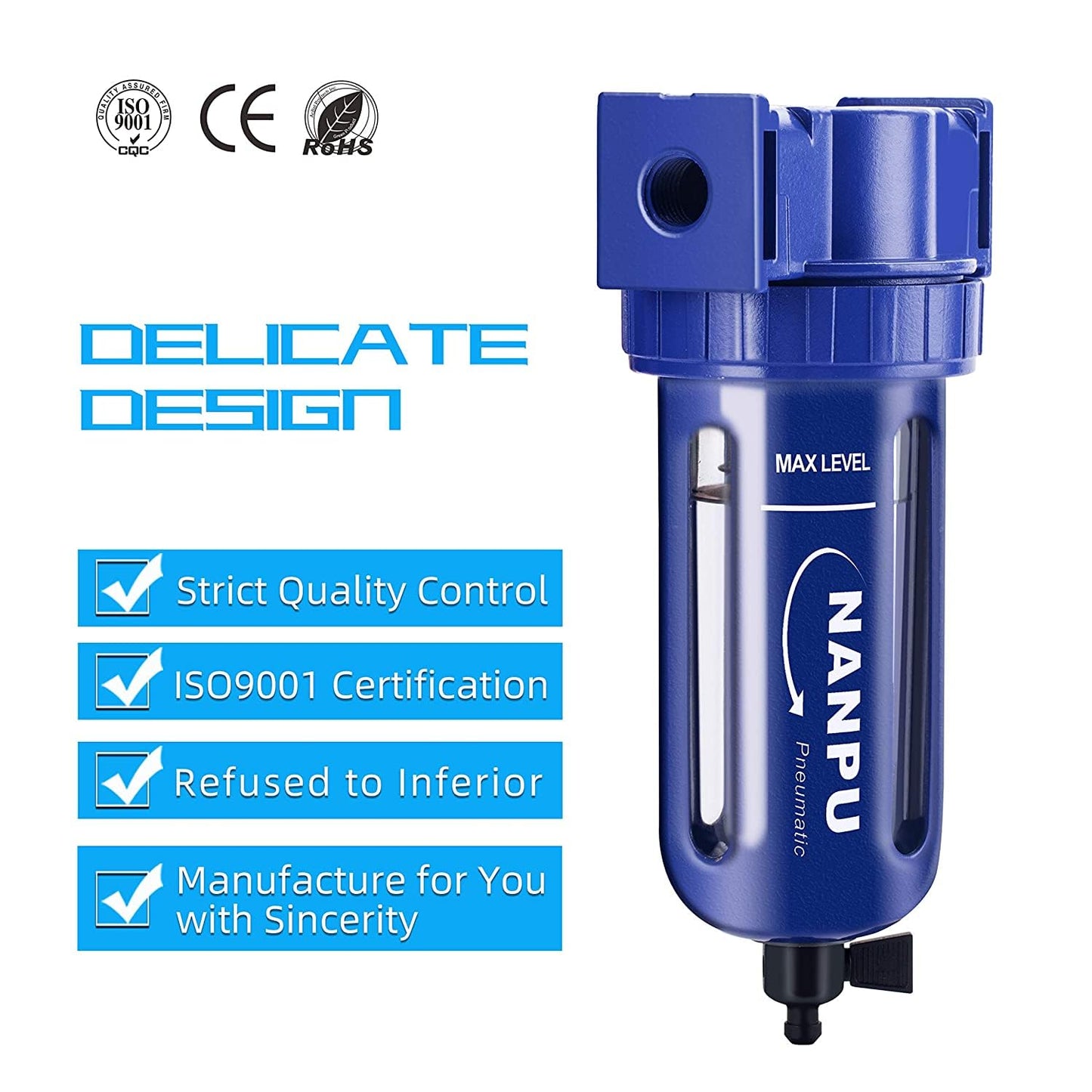 NANPU 3/8" NPT Compressed Air Filter, Zinc Alloy, 5 Micron Brass Element, Quick Release Bowl, Manual Drain, for Air Compressor & Pneumatic Tools