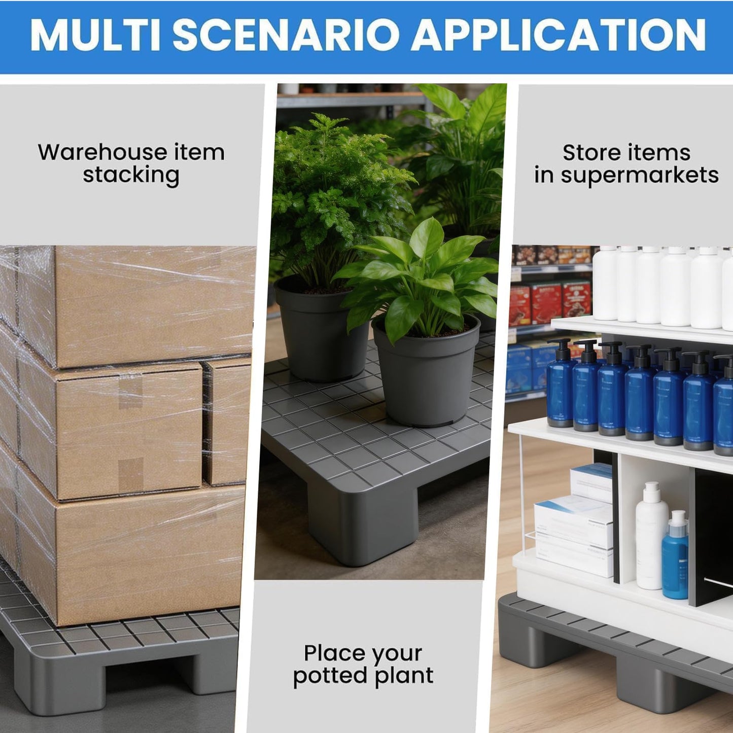2 Pcs Plastic Storage Pallets, 40"L x 20"W x 5.5"H Stackable Lightweight Floor Pallets, 2000Lbs Capacity Plastic Pallets for Basement Storage, Logistics and Warehousing, Gray