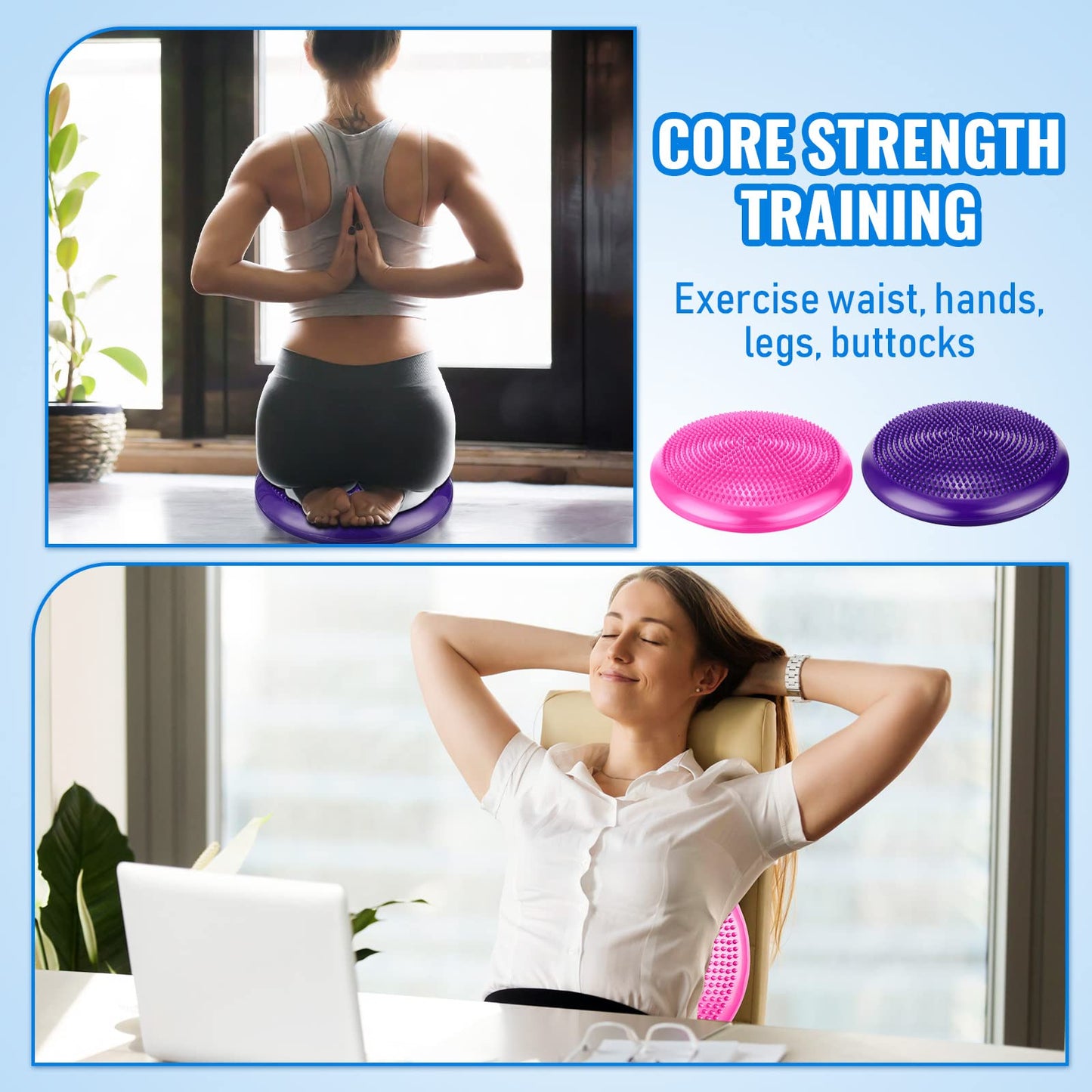 Leitee 3 Pcs Inflated Wobble Cushion Exercise Wiggle Seat for Sensory Flexible Seating Wobble Board Balance Disc Sensory Wiggle Seat Pad for Office Chair with Air Pump(Blue, Purple, Rose Red)