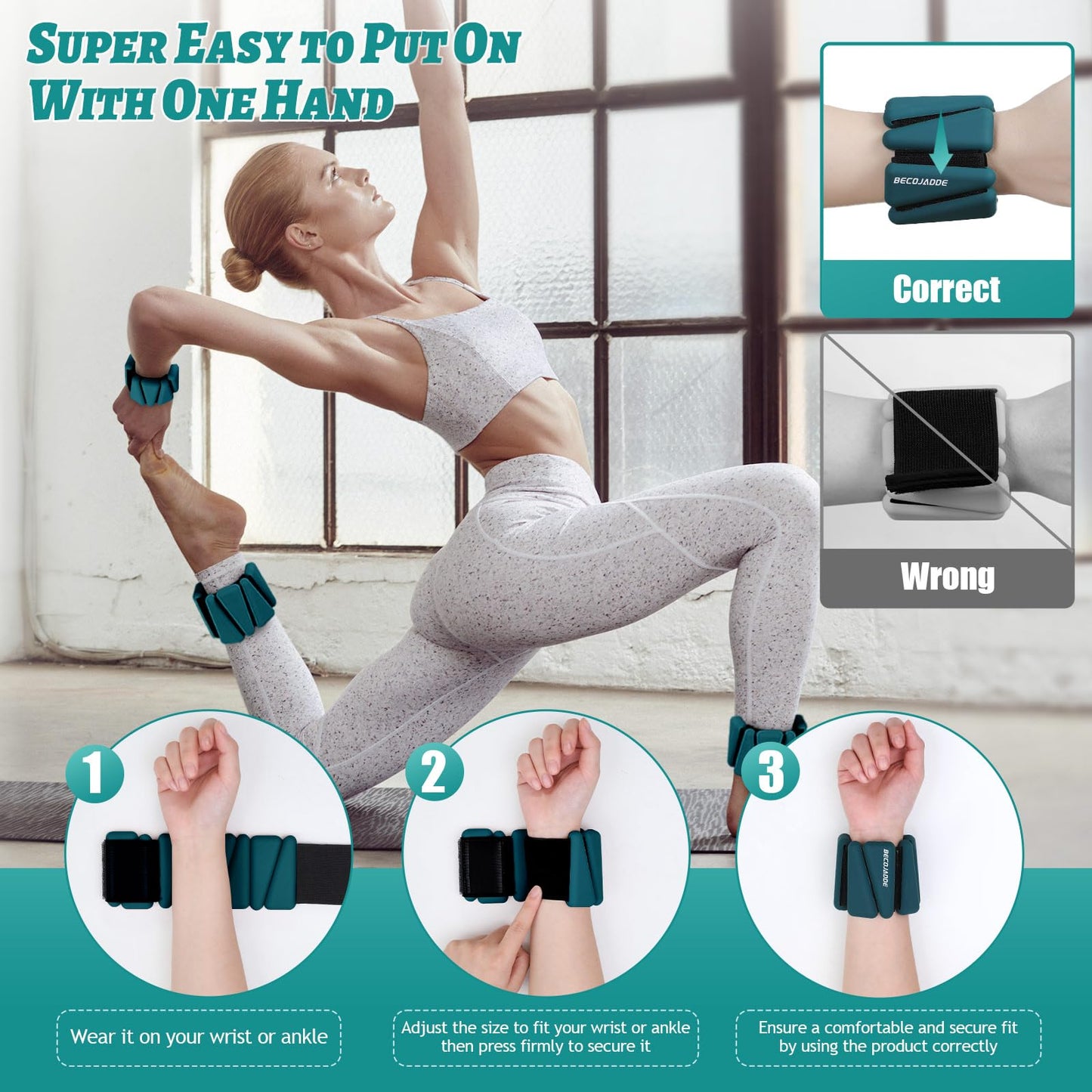 BECOJADDE Ankle Weights Set of 2 (1 lb Each) Adjustable Wrist Weights for Women Men Wearable Arm Leg Weight for Pilates, Running, Walking, Workout, Yoga, Deep Emerald