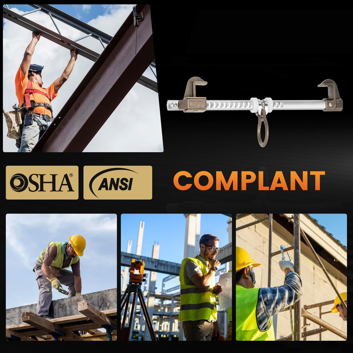 Aluminum Sliding Beam Anchor, Adjustable To Fit I or H Fall Protection Beam Anchor with Flange Widths Ranging From 3.5" to 14”,Meets or Exceeds ANSI & OSHA
