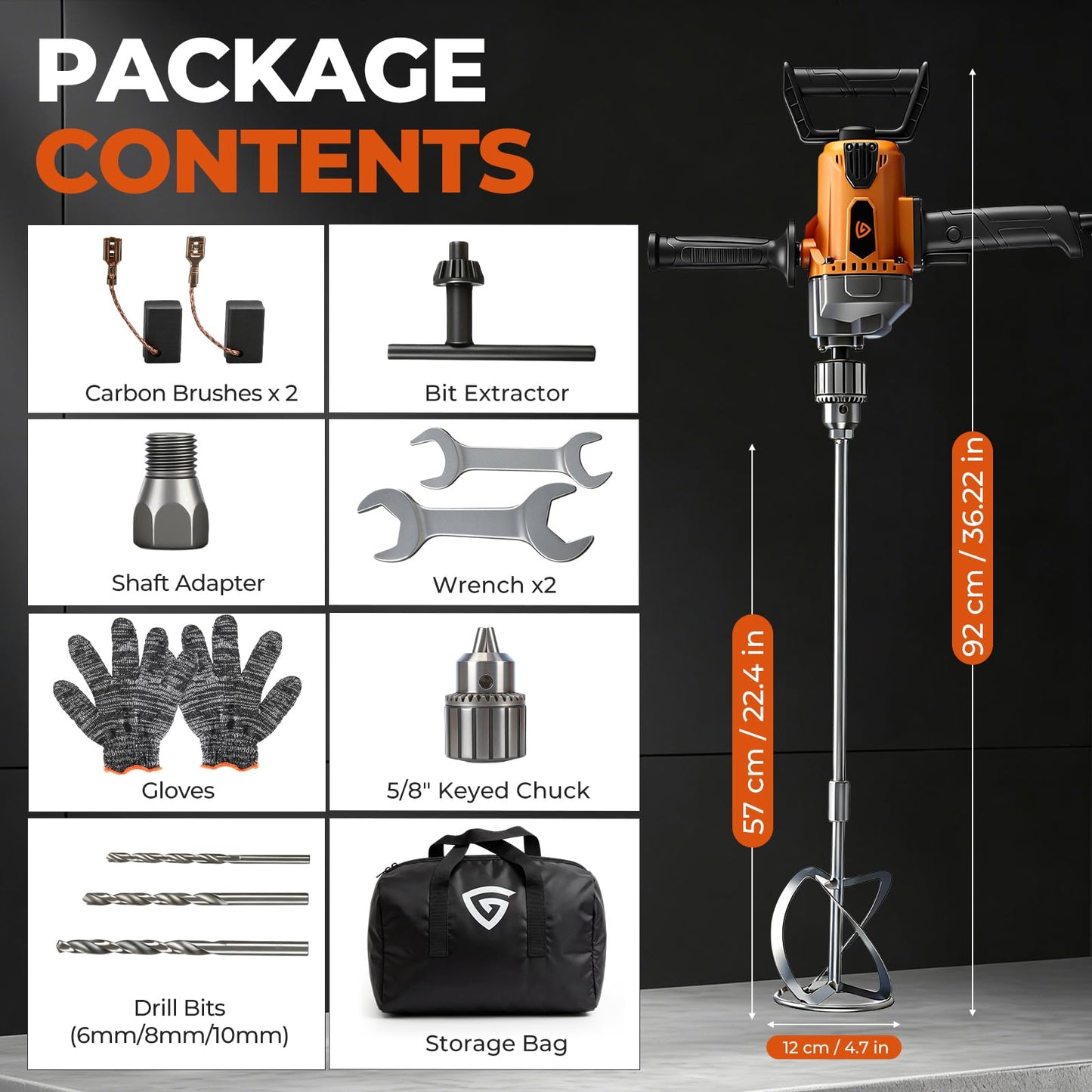GEARPASS Drill Mixer Set, 20 Amp Corded Mixing Drill with 5/8" All-Metal Chuck, 1100 RPM Heavy Duty Concrete Mud Mixer with 360° Adjustable D-Handle for Cement Mortar Paint Grout Plaster Thinset