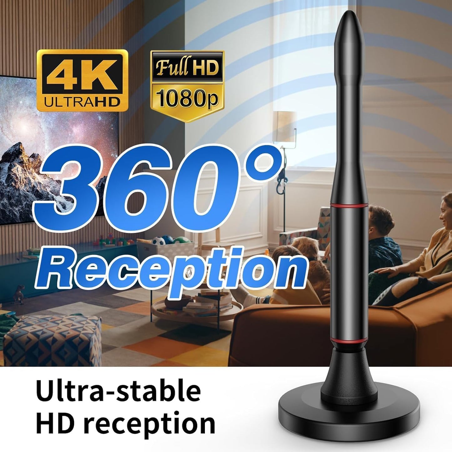 Generic 360 4K 1080P Indoor Long Range TV Antenna, Reception Digital Antenna for Smart TV, Supports HD VHF UHF Local