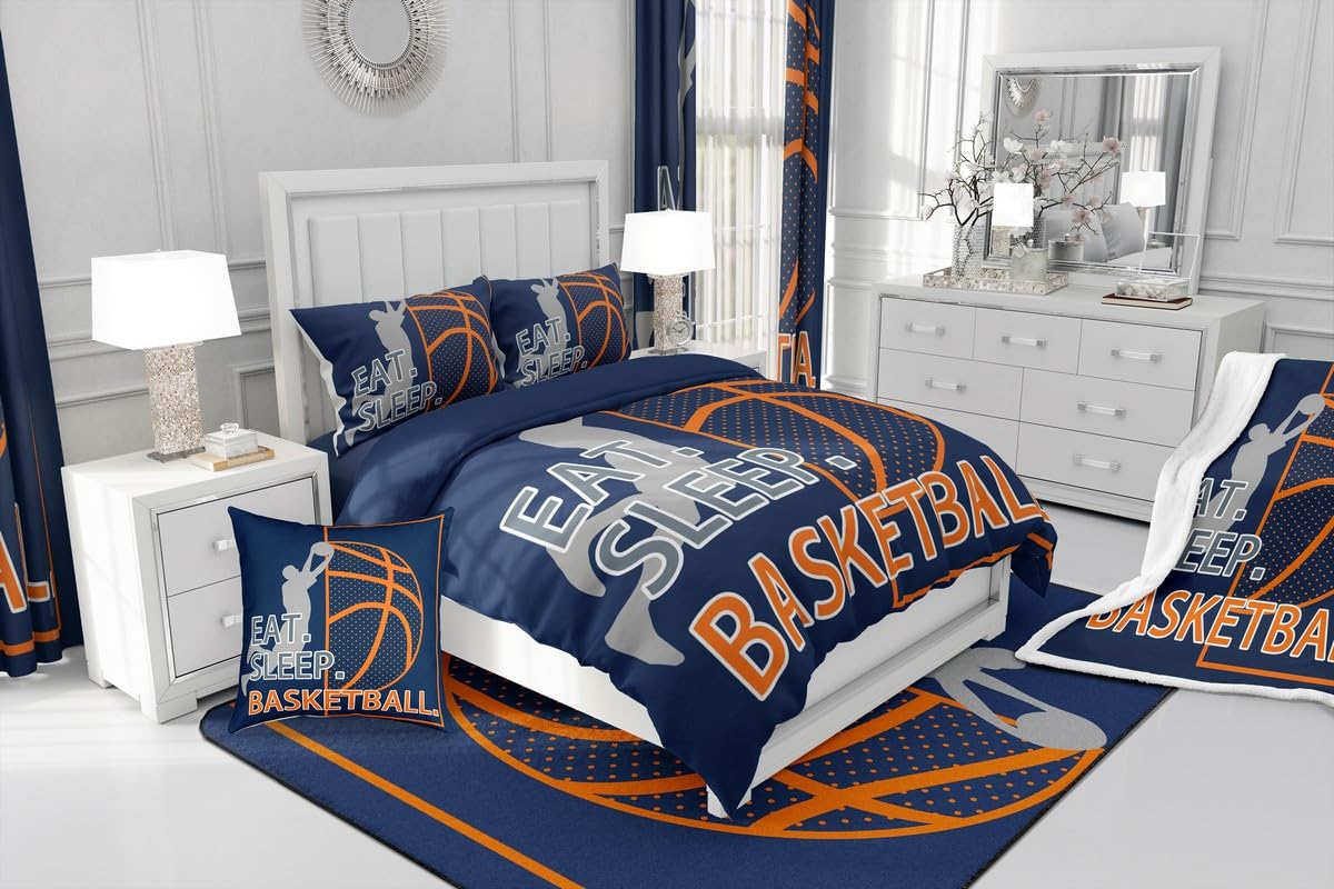 Feelyou Kids Basketball Game Bedding Set Full Size,Soprts Theme Basketball Comforter Set,Boys Girls Bedroom Room Decor,Basketball Player Comforter,Navy Blue Bed Set for All Season