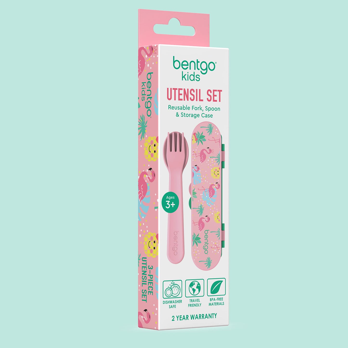 Bentgo Kids Utensil Set - Reusable Plastic Fork, Spoon & Storage Case - BPA-Free Materials, Easy-Grip Handles, Dishwasher Safe - Ideal for School Lunch, Travel, & Outdoors (Tropical)