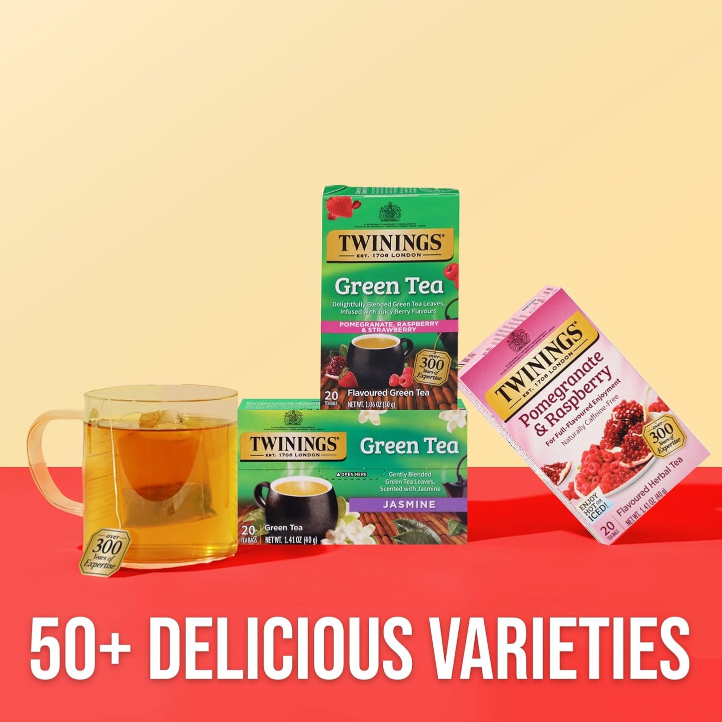 Twinings Green Tea - Pomegranate, Raspberry & Strawberry Flavor - 20 Individually Wrapped Bags