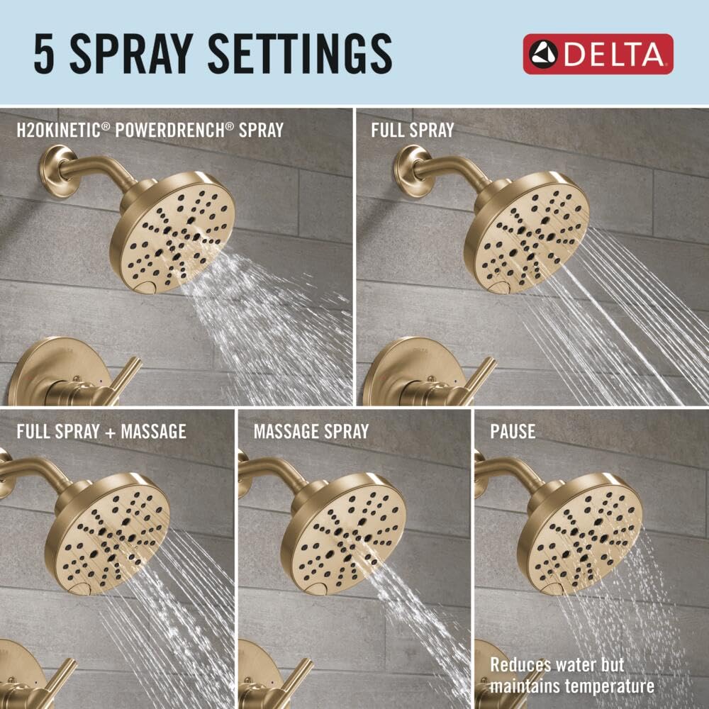 Delta Nicoli 14 Series H2Okinetic Bathtub and Shower Faucet Set, Brushed Gold Shower Head and Handle Set, Valve Trim Kit, Champagne Bronze 144749-CZ (Valve Included)