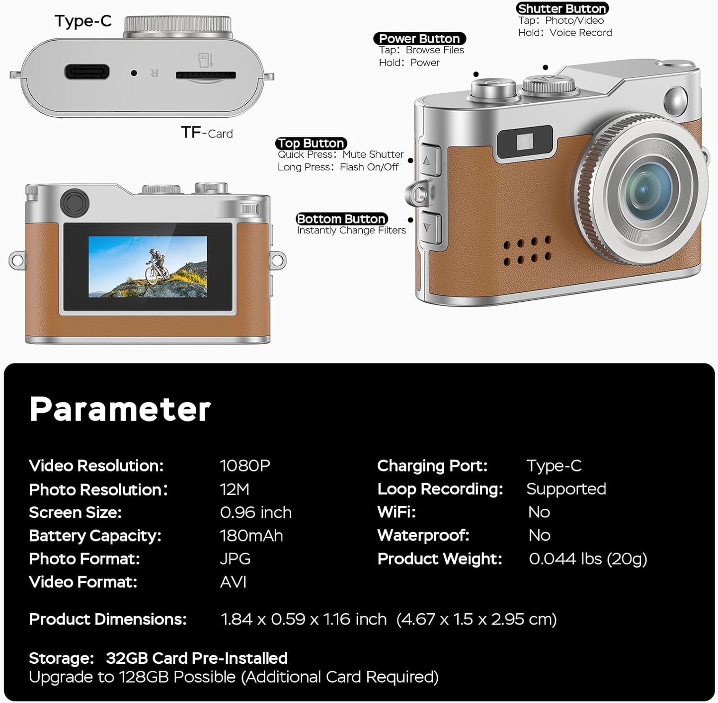 Dienspeak 1080P 12MP 32GB Mini Retro Camera with Video, Photos, Keychain Digital Camera, Ultra-Compact Tiny Camera