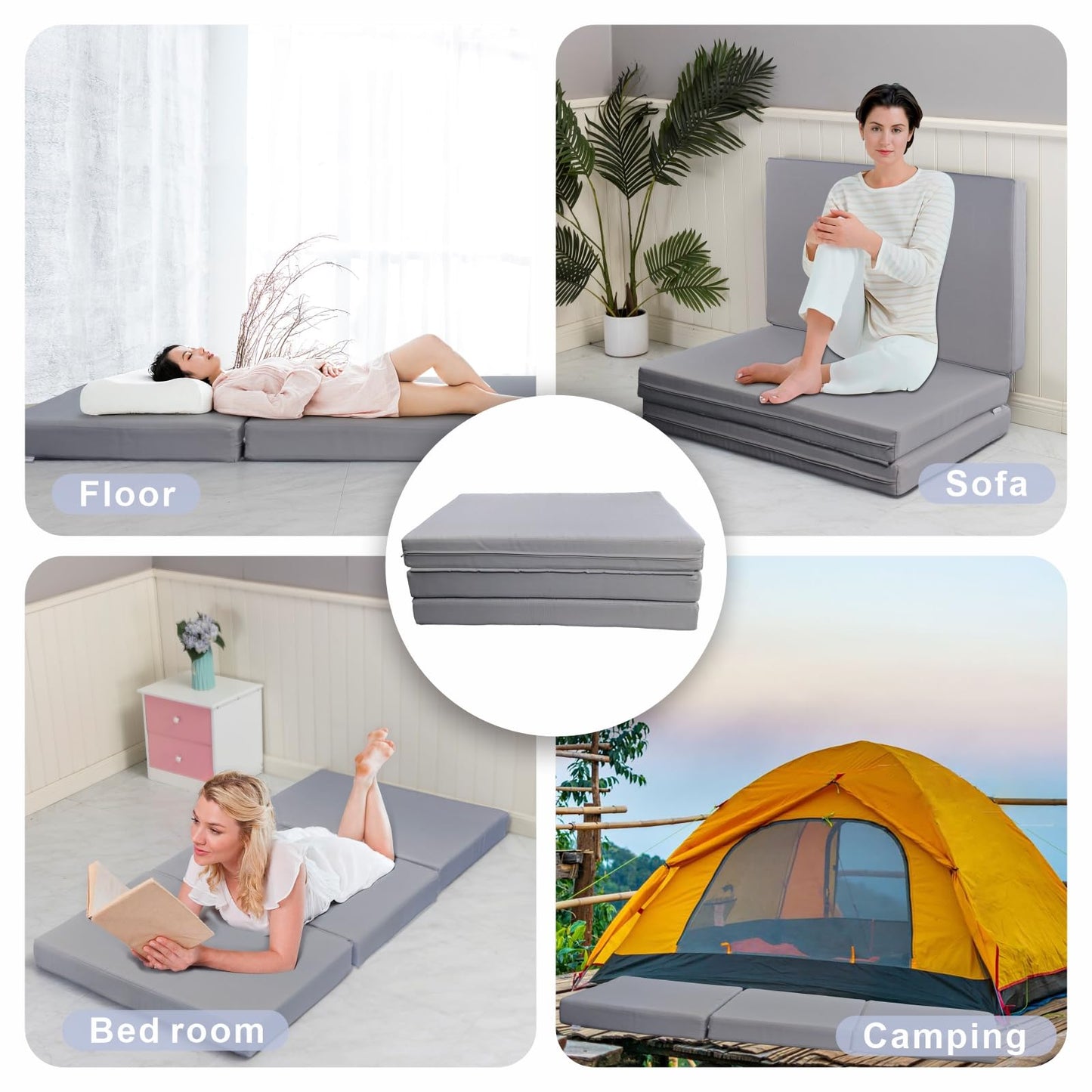 JMGBird Tri-Fold Memory Foam Yoga Mat 4 Inch - Portable Foldable with Washable Cover for Travel, Camping, Yoga (76x39x4 Inch, Grey)