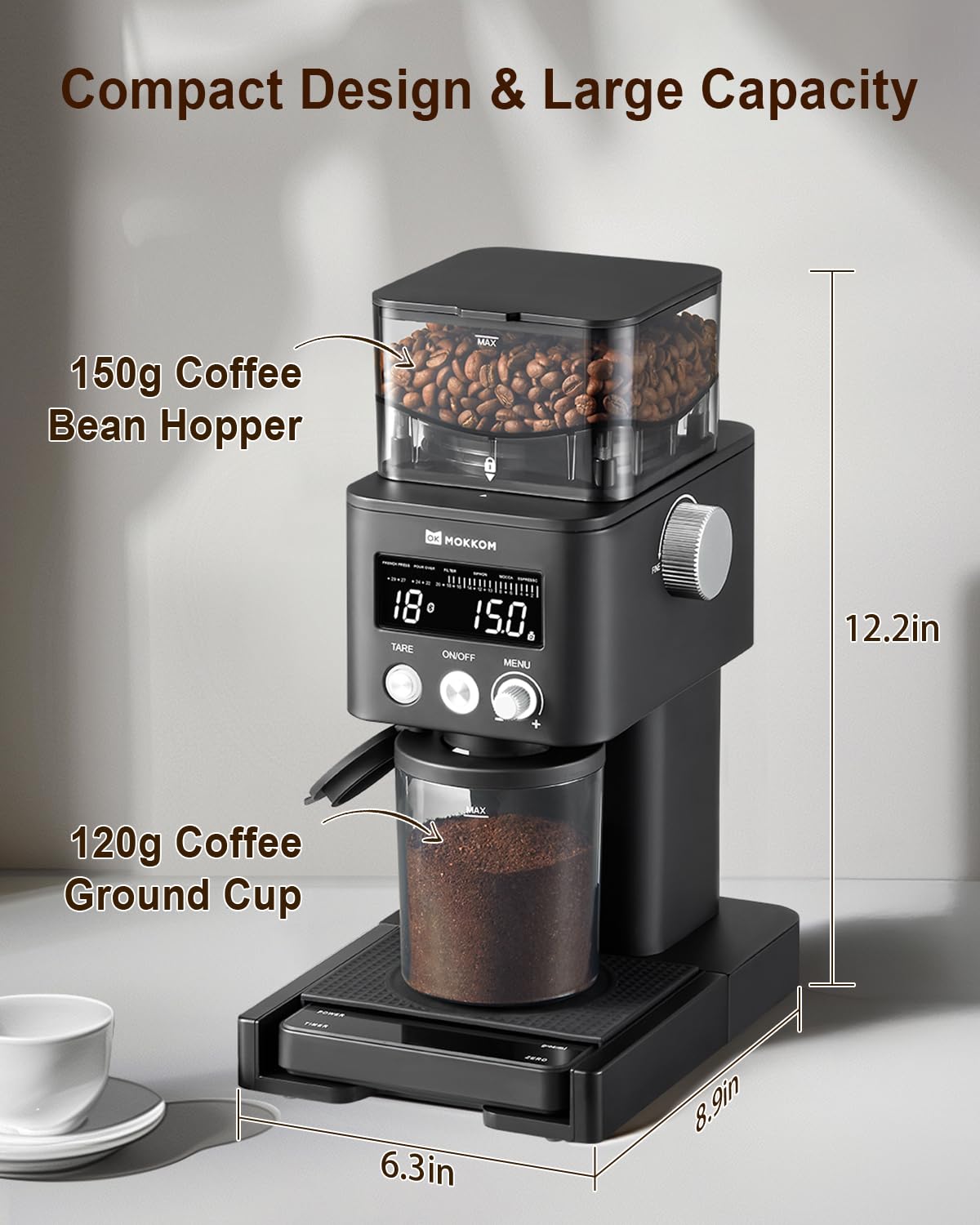 MOKKOM Electric Coffee Grinder with Removable Coffee Scale, Anti-static Conical Burr Coffee Bean Grinder,31 Precise Settings for Espresso Pour Over, French Press, Black