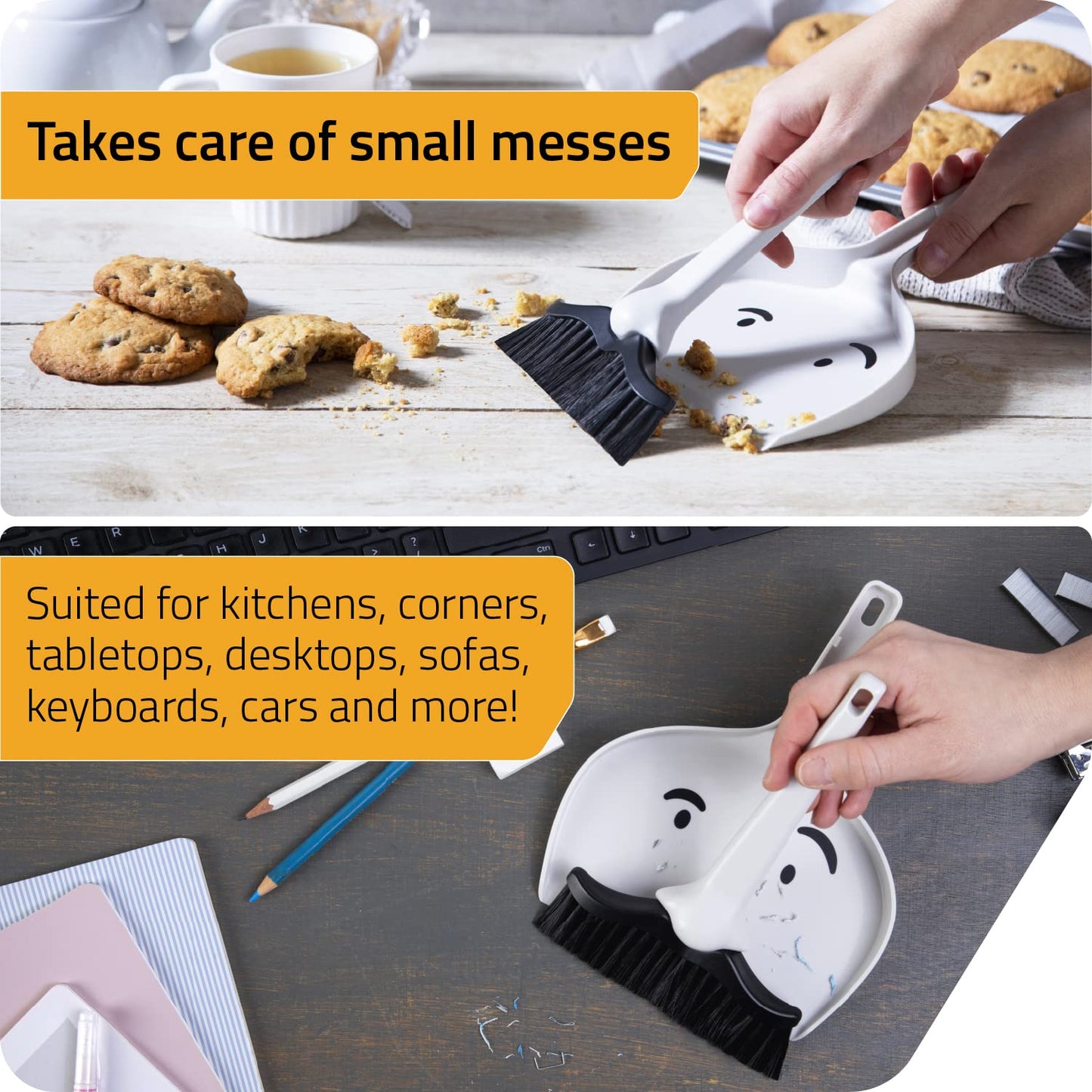 Peleg Design Dustache Small Dustpan and Brush Set, Mini Broom and Dustpan Set, Mustache Design, Small Broom and Dustpan Set, for Home & On-The-Go