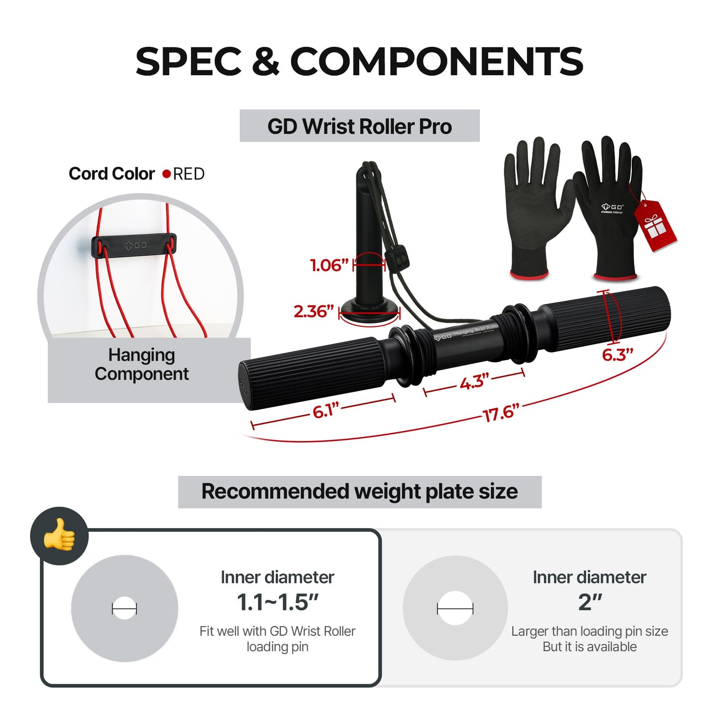 GD Hanging Wrist Roller PRO – Forearm Trainer & Grip Strengthener, Thick Grip Wrist Roller for Forearm Exercise, Grip circumference 6.2 inches, Precision Bearings, Heavy-Duty Aluminum, Includes Gloves