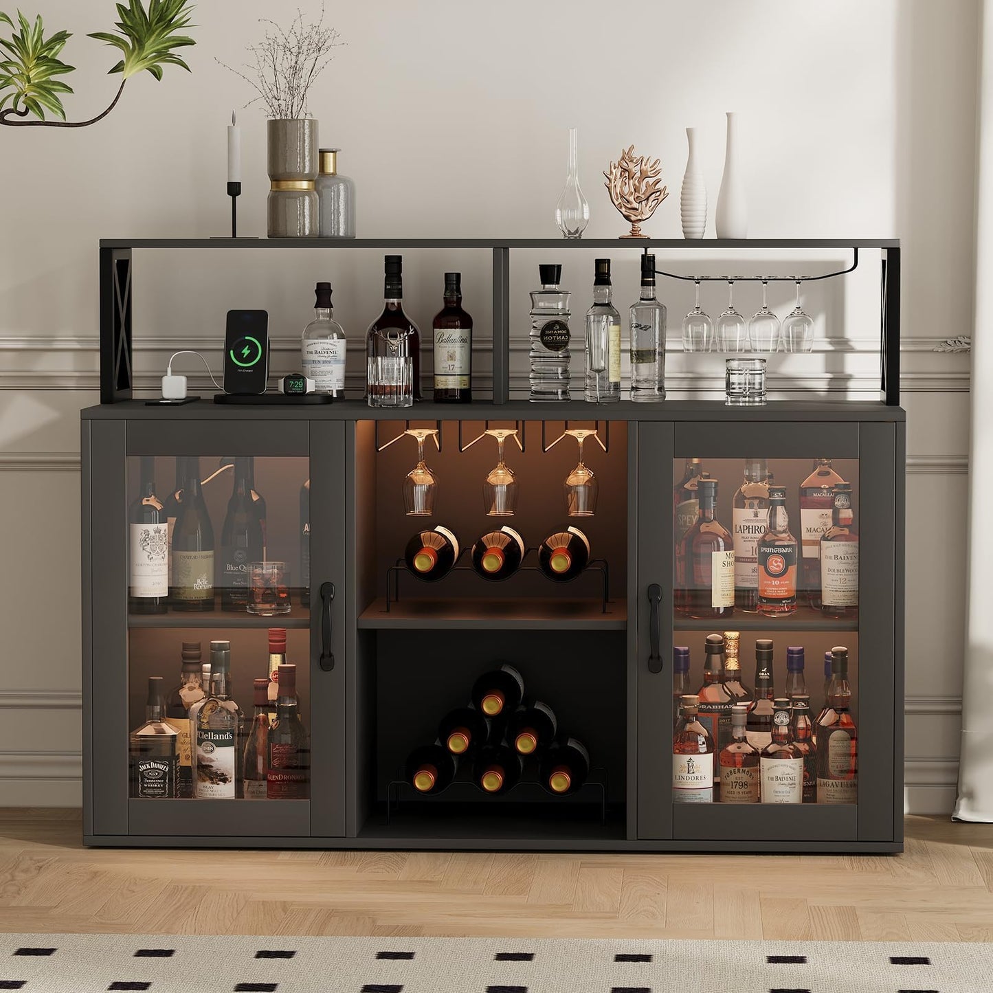 BouPower 47" Wine Cabinet with LED Light, Home Coffee Cabinet with Wine Rack and Glass Holder, Coffee Bar Buffet Sideboard Storage with Power Outlets, for Living Room, Dining Room, Black