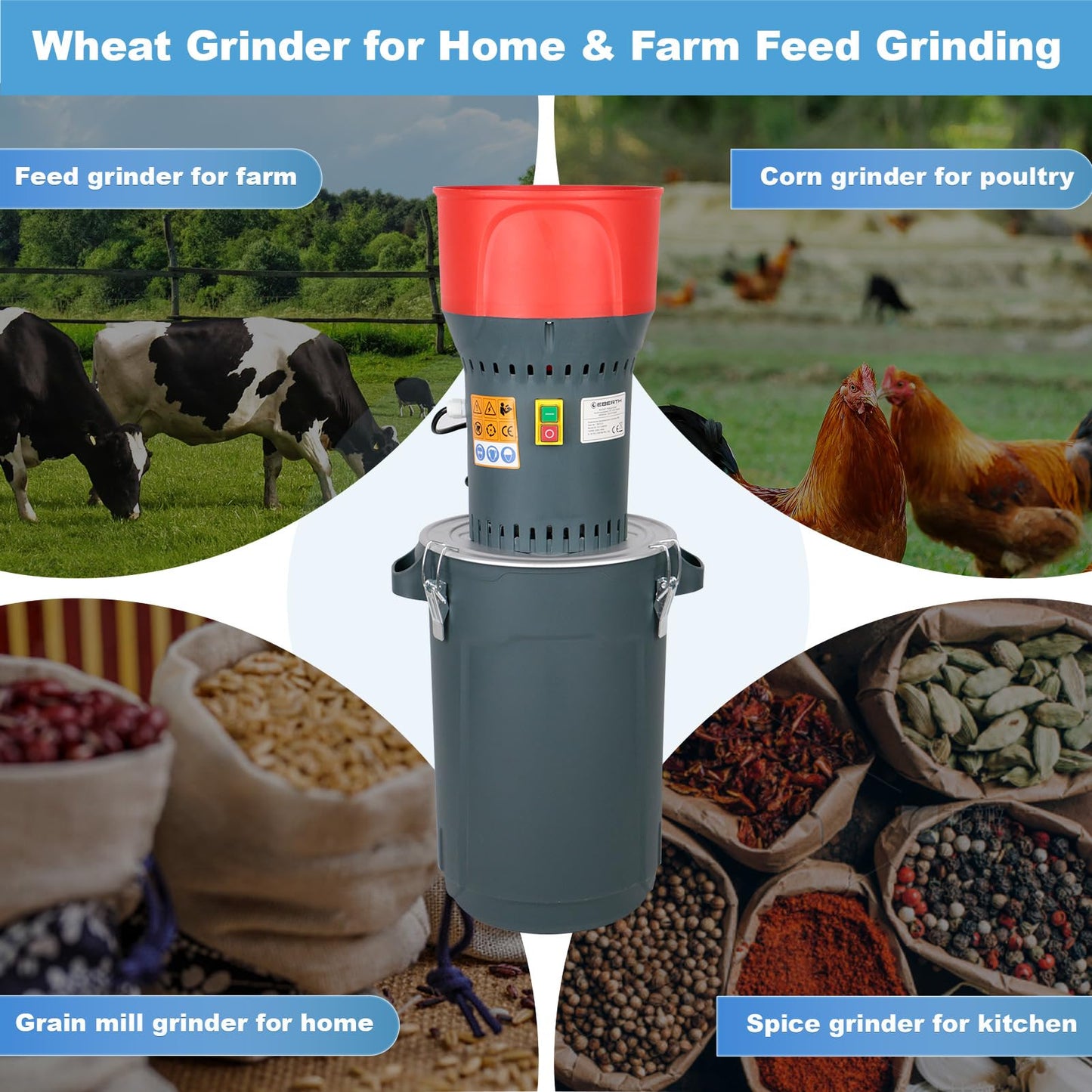 DETODDA 15.8 Gallons Corn Grinder Mill, Dry Grain Mill Grinders Electric, Grain Grinder Mills, Farm Home Wheat Grinders for Spice Rice Feed Flour Cereals, 7 Sizes Sieves