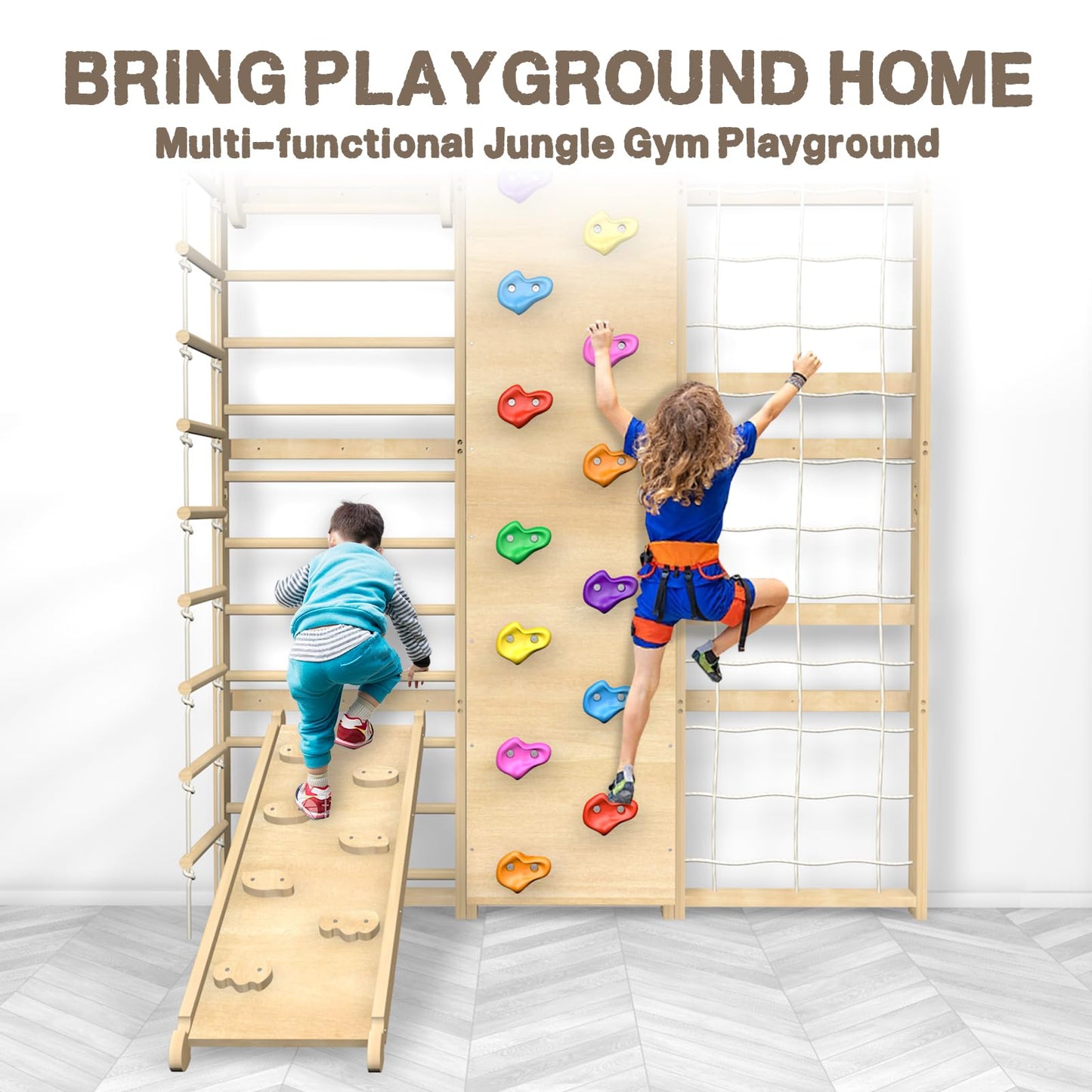 Upgraded Extra-Large Size 94.5inch Height 10-in-1 Swedish Ladder Gym Set, Home Playground with Swing, Rope Ladder, Pull-Up Bar, Slide and Rock Climbing Wall for Kids and Adults