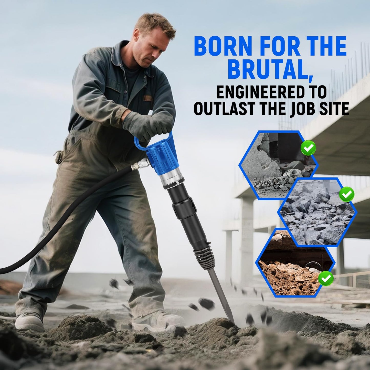 Newhai Pneumatic Hammer Shovel 46J Heavy-Duty Air Chisel Industrial Demolition Jack Hammer 55CFM 90 PSI with 2 Chisels for Concrete Metal Building Construction