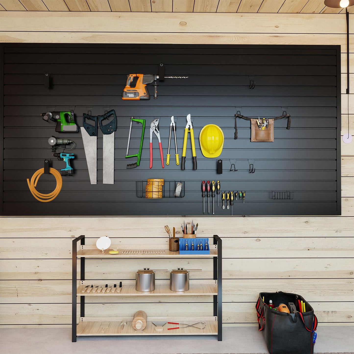 4'x8' PVC Slat Wall Paneling, High Load Capacity Slatwall Panel, Cuttable & Moisture-Proof & Flame Retardant, Heavy Duty Black Garage Slatwall Panes Storage Systems for Garage Workshop Storage