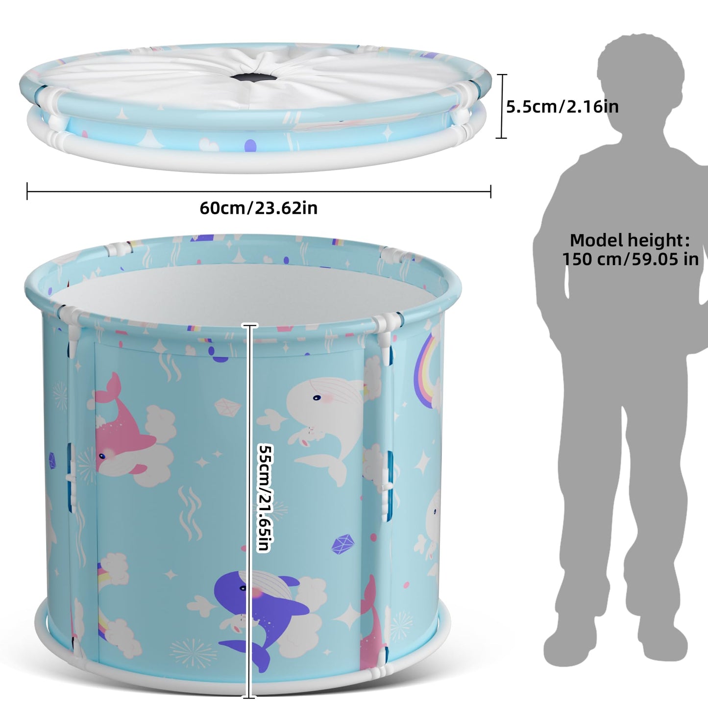 Portable Bathtub, Foldable Bathtub for Kids, Boys and Girls, Therapy Tub for Shower Stall Bathroom Fold Up Japanese Soaking Hot SPA Bath Tub, Outside Ice Bath 21.65''x23.62''(Ocean World Blue)