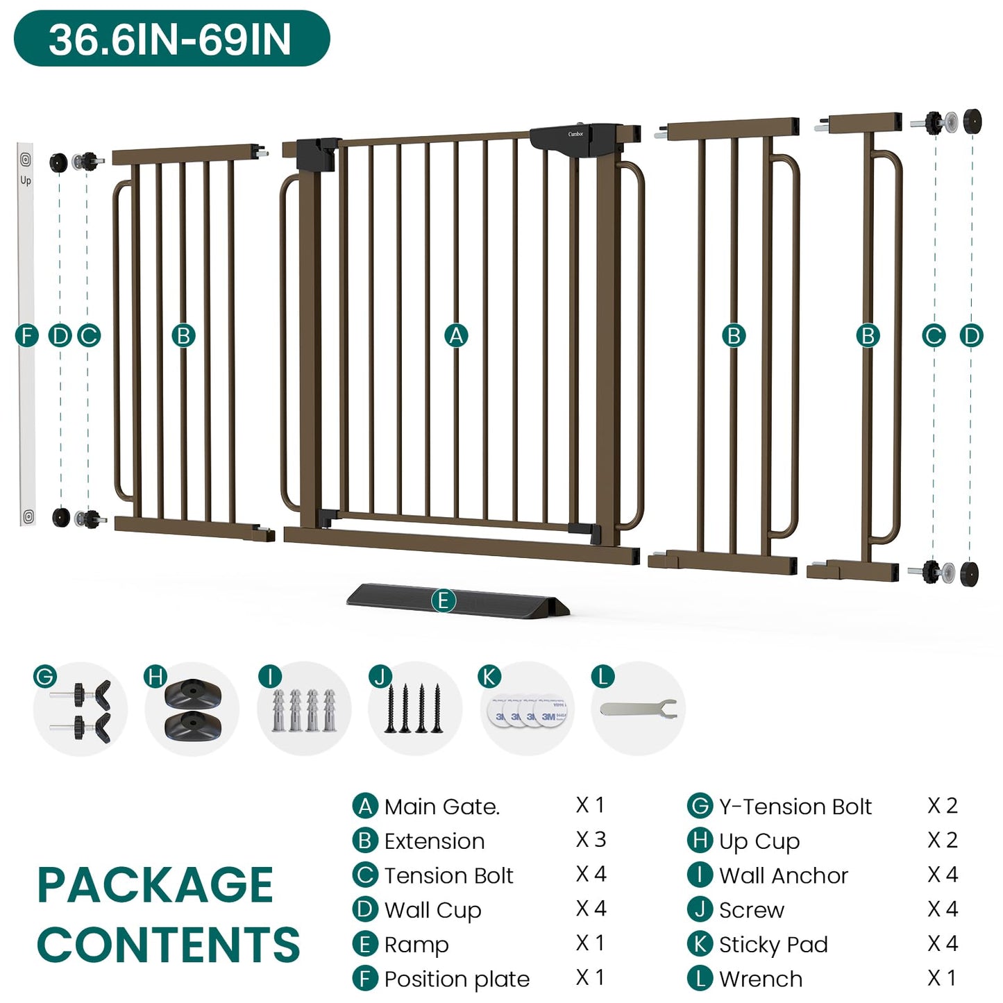 Cumbor Extra Wide Baby Gate, 36.6-69" Walk-Through Dog Gate for Stairs, Doorways & Hallways, 30.5“ Tall, Auto-Close & Dual-Swing Safety Child Gate Indoor, Easy Install Pressure-Mounted Pet Gate, Brown