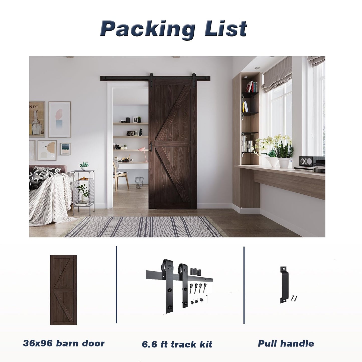 FREDBECK 36in x 96in Brown Barn Door with 6.6ft (79inch) Barn Door Hardware Track Kit and Handle Included, Double Surfaces,Simple Assembly is Required,K-Frame,Coffee
