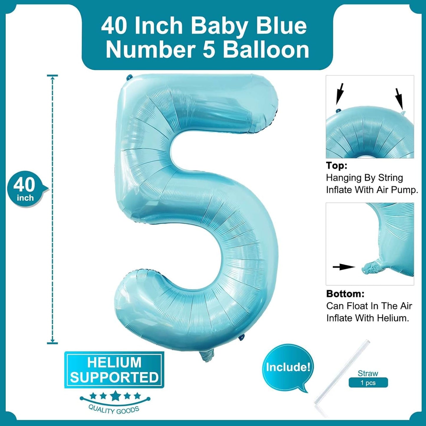 Skiennix 40-Inch Baby Blue Number 5 Balloon - Jumbo Foil Mylar Helium Decoration for 5th Birthday Party