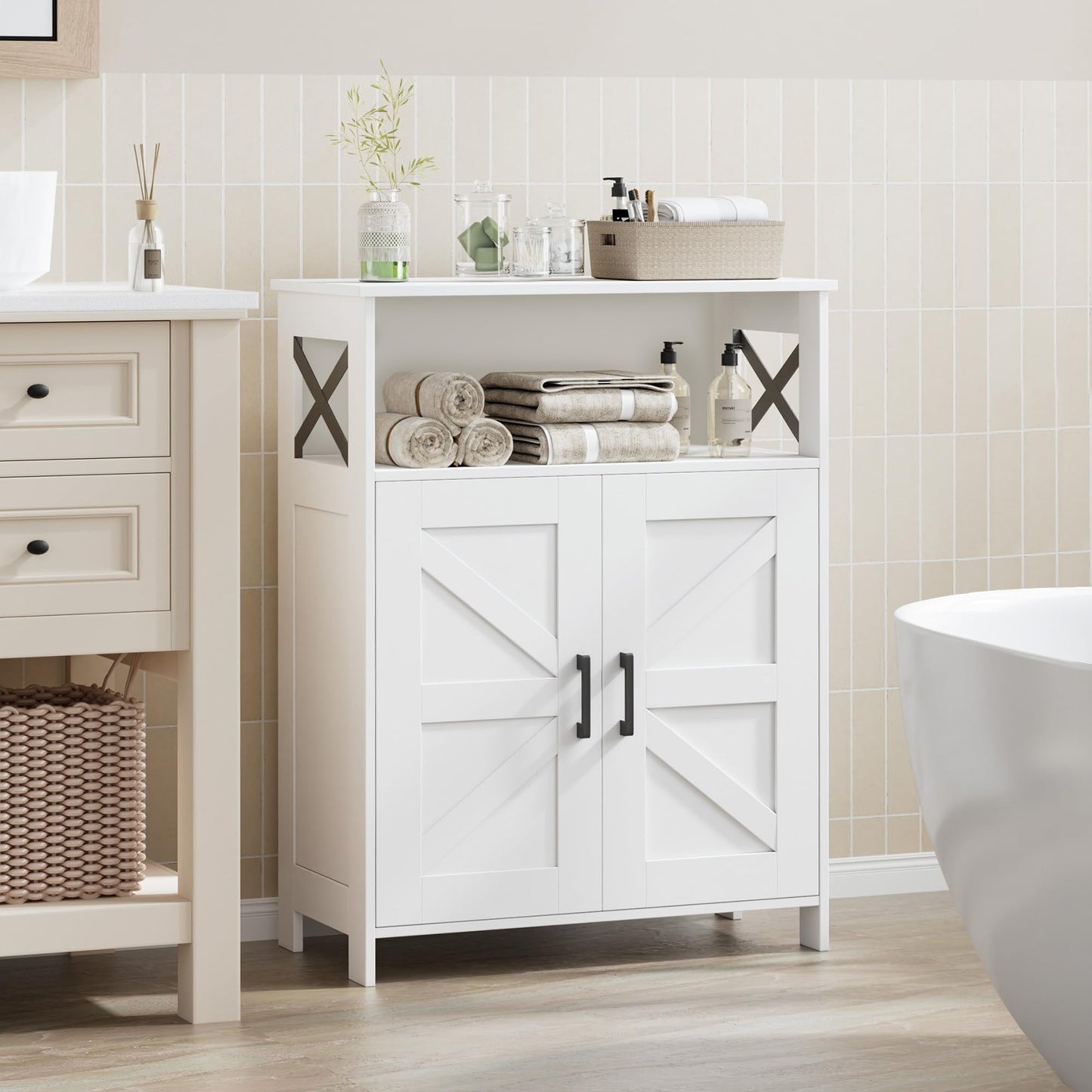 Homhedy Farmhouse Bathroom Storage Cabinet with 2 Doors, Toilet Paper Cabinet with Adjustable Shelf, Small Bathroom Cabinet for Kitchen/Laundry/Living Room, 11.8 x 23.6 x 31.5 Inches, White