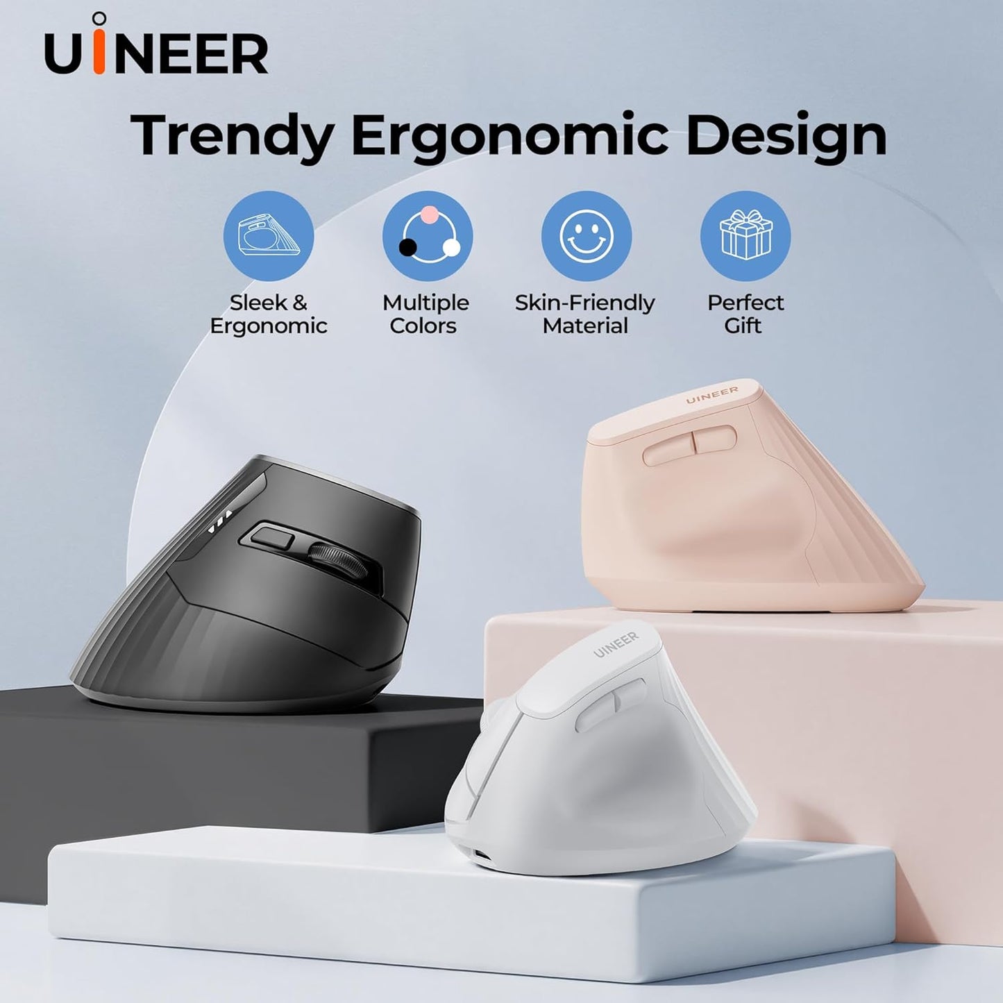 Uineer (BT4.0/5.0 2.4G) 3 4 Wireless Ergonomic Mouse, Bluetooth Mice and Rechargeable Vertical Mouse, Multi-Device