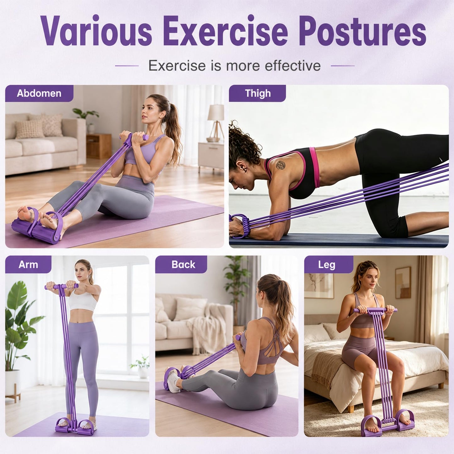 Pedal Resistance Band with Handles, 8 Tube Upgraded Exercise Band, 3-in-1 Multi-Function Latex Fitness Equipment for Foot Pull, Back & Chest Workout (Purple)