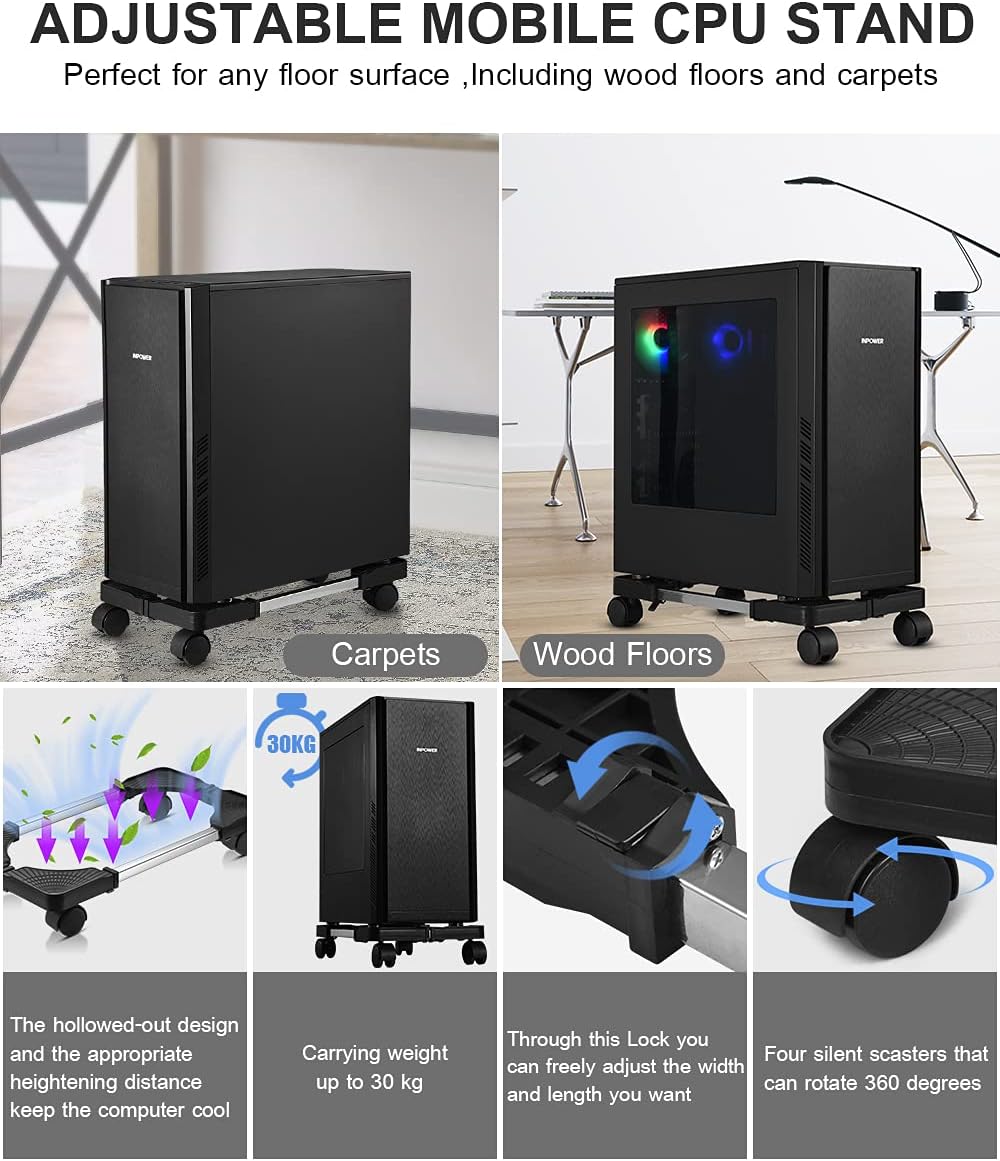 YOSE Computer Tower Stand, Adjustable Mobile CPU Stand with Rolling Caster Wheels, Premium PC Tower Stand Holder