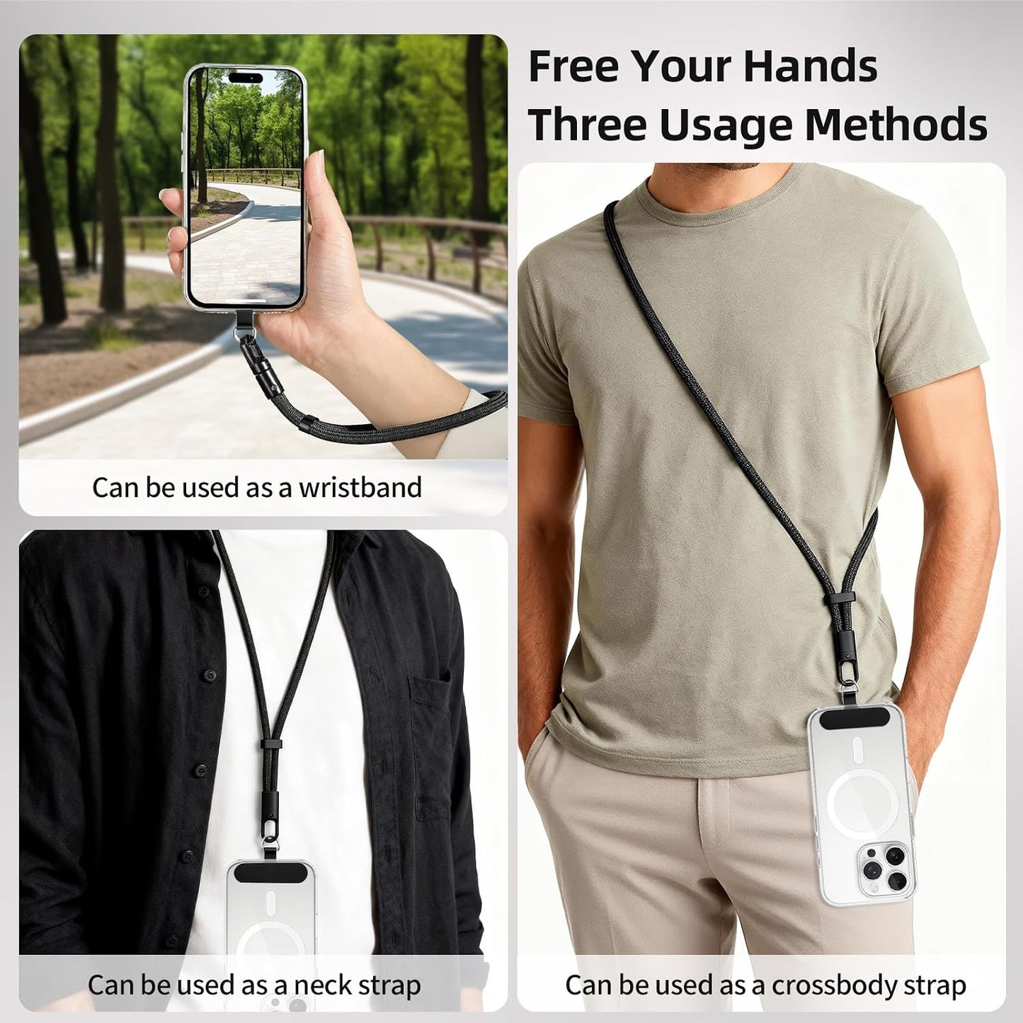 360 3-Piece Set Rotatable Adjustable Phone Lanyard - Wrist/Neck/Crossbody Strap with Tether Tabs, Universal for Phones