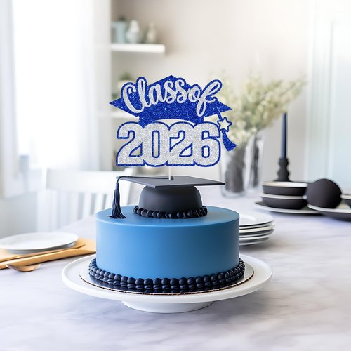Class of 2026 Cake Topper - Graduation Party Decor | Blue & Silver Glitter High School/College