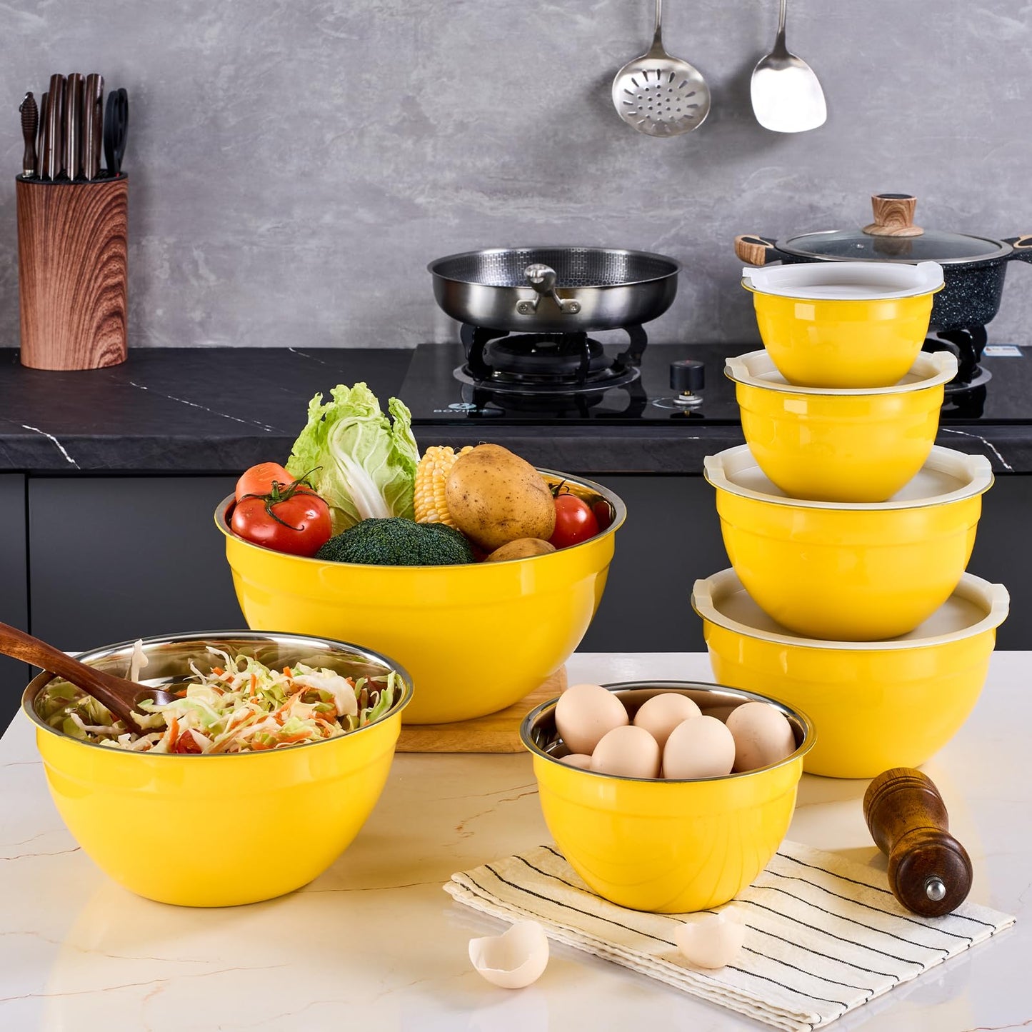 Onlycooker Yellow Mixing Bowls With Airtight Lids,Stainless Steel Bowl,Salad Bowls 7 Piece Colorful Nesting Bowl Yellow Kitchen Accessories,Size 7,3.6,2.7,2.1,1.5,1.1,0.8QT Stackable Design