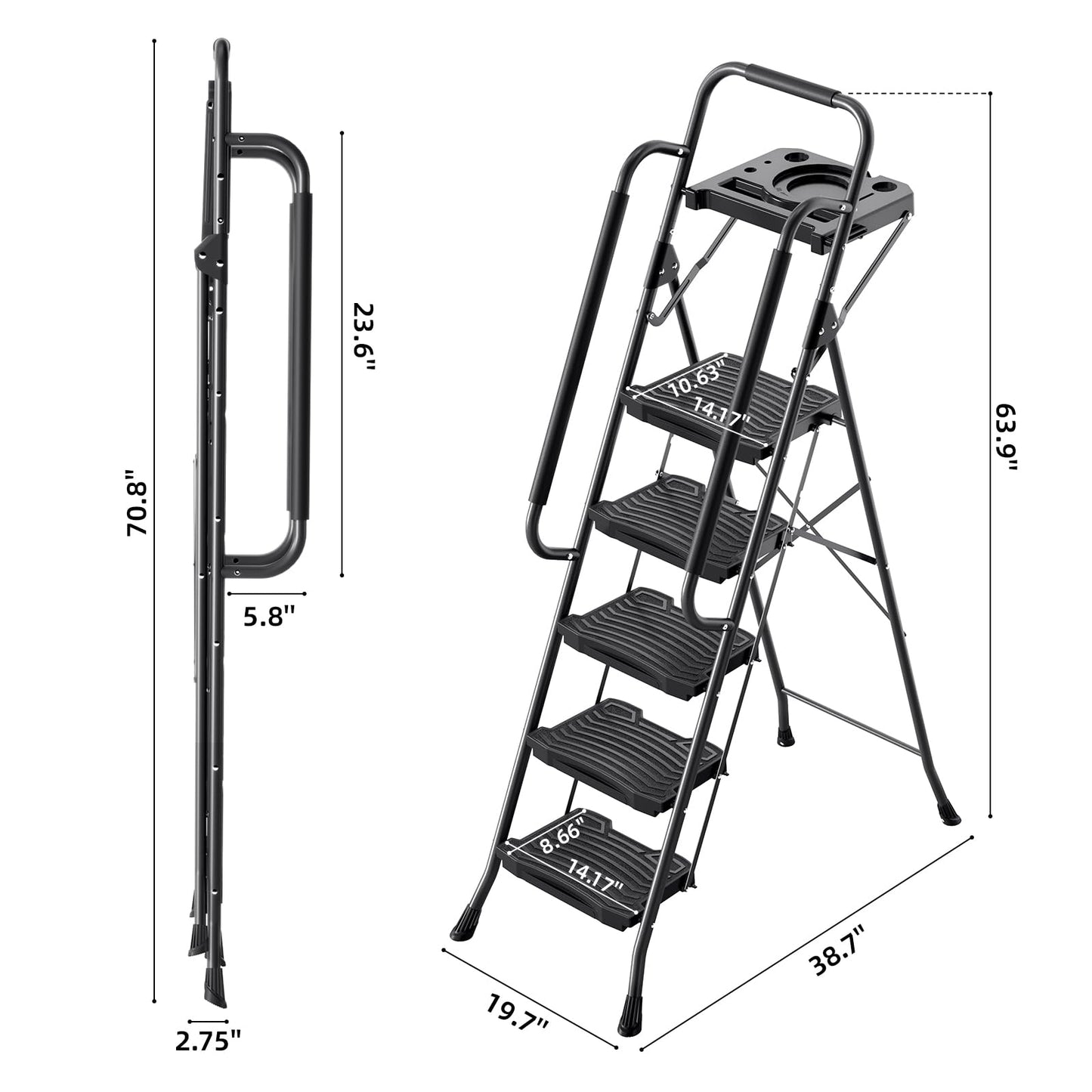 KINGRACK 5 Step Ladder with Tool Platform, 900 lbs Sturdy Step Stool with Handrail, Folding Steel Ladder with Wide Pedal, Safety Ladder for Adults Home Outdoor Painting Garage Office
