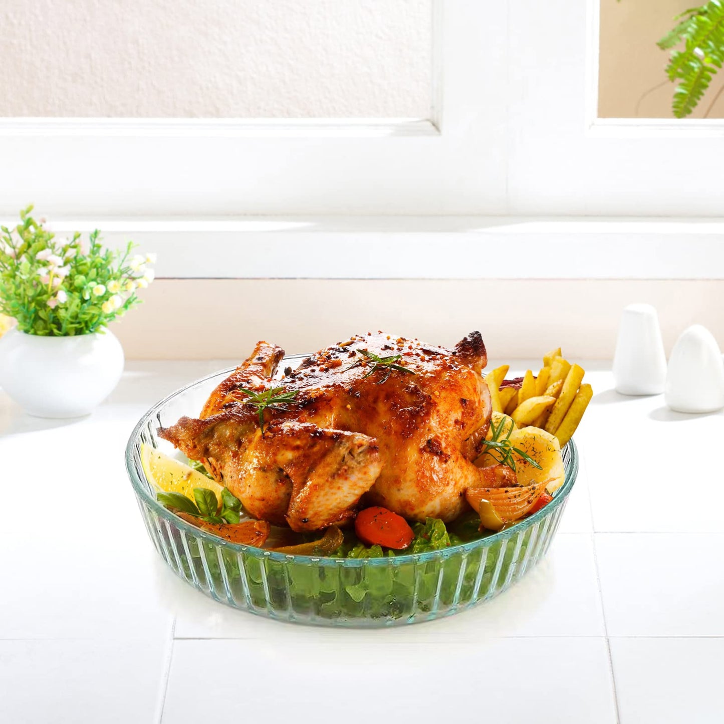 HUSANMP Clear Round Tempered Glass Baking Dish, Glass Bakeware Casserole Dish for Oven and Dishwasher Safe.