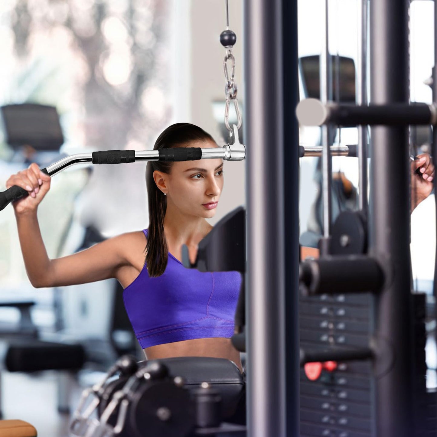 plzzree 47in LAT Pulldown Bar Attachment with Heavy Duty Solid Curl Bar, Full Rotation and Rubber Handle Strength Workout for Gym Home Pulley System Cable Attachments