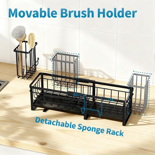 Aurblozen Extra Large Extendable Sponge Holder - Rustproof Kitchen Sink Caddy Organizer | Black