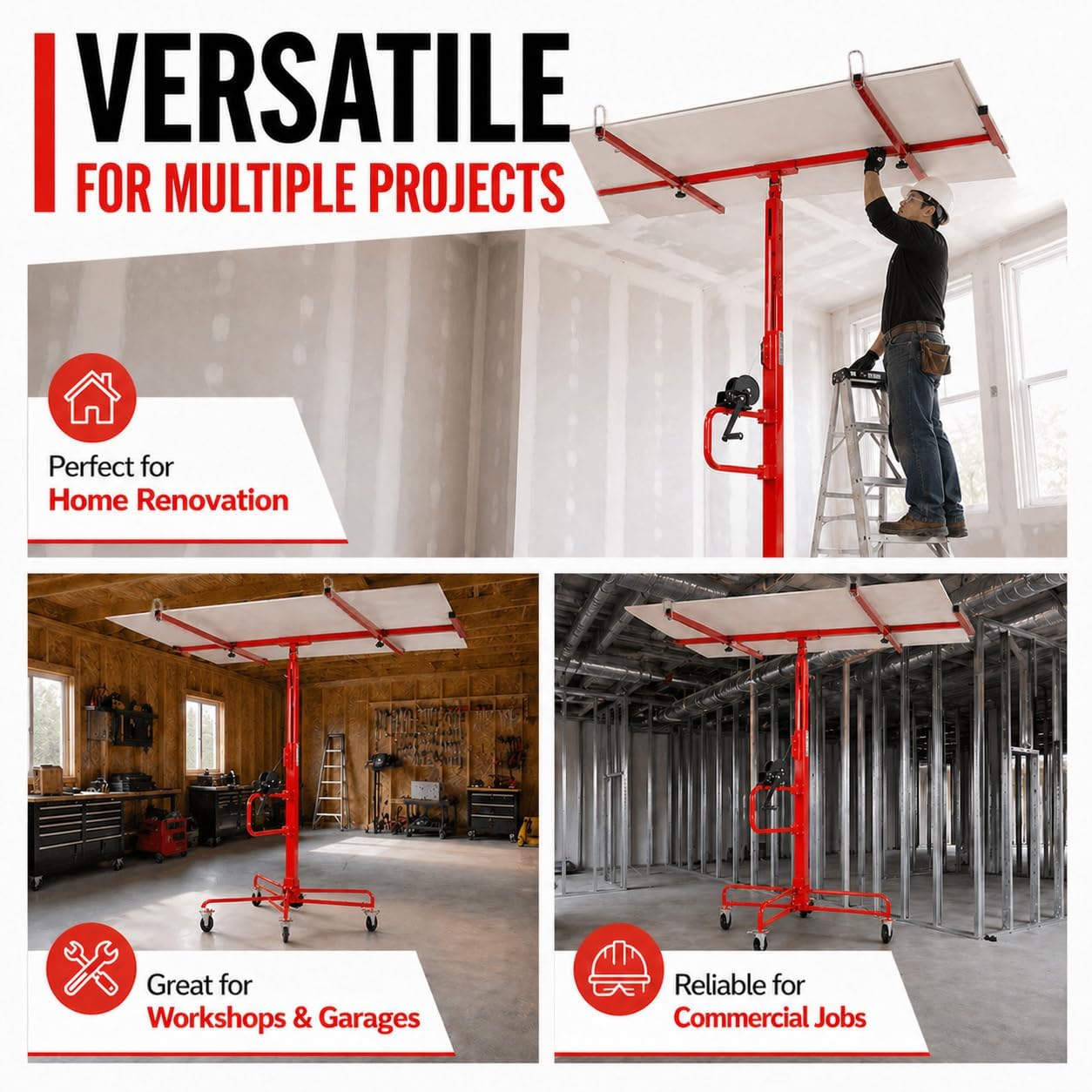 ELOMBR 16FT Drywall Lift Sheetrock Lift, Panel Hoist with 4 Lockable Wheels for Ceiling, Drywall Rolling Lifter Panel, 150LBS Drywall Jack Lift for Home & Commercial Use, Red