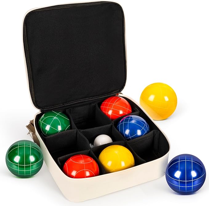 ropoda 107mm Bocce Ball Set Regulation Size and Weight with 8 Resin Bocce Balls, Resin Bocci Balls for Professional Tournament Competition, 60mm Pallino, Nine-Grid Shockproof Carrying Bag(2-8 Players)