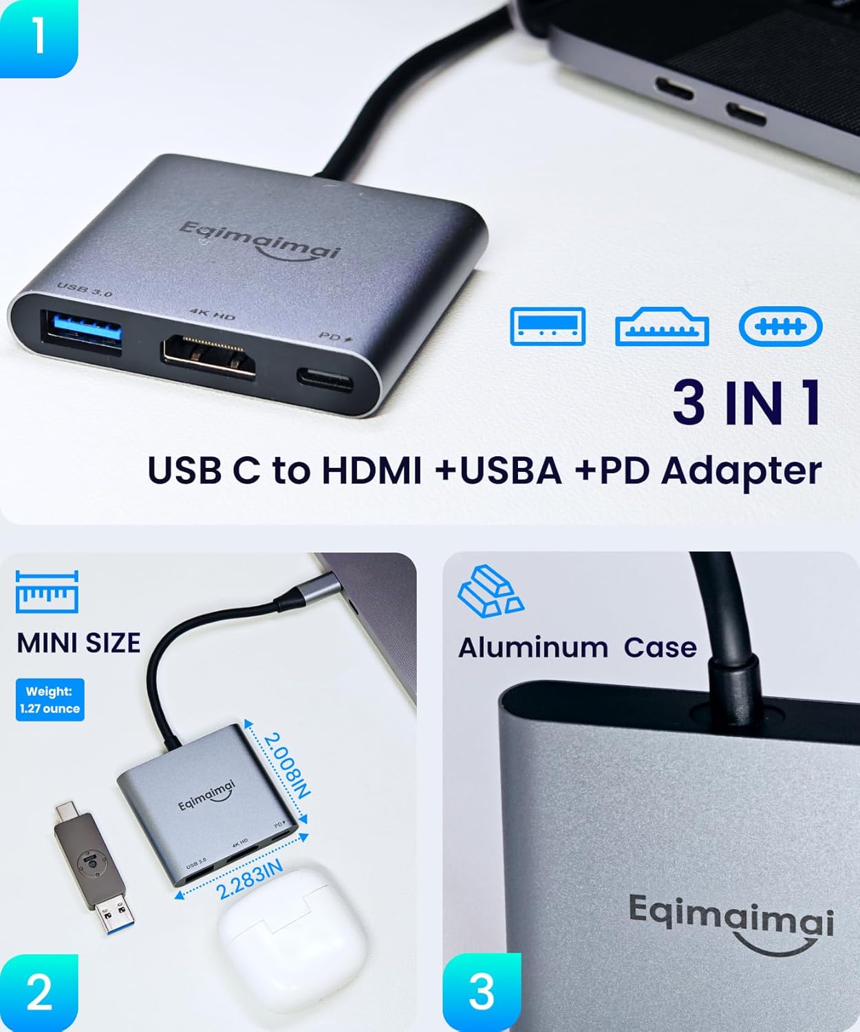 eqimaimai Adapter(4K@120HZ) 100w 10Gbps,4K USB C to HDMI Multi-Port with PD,USBC Laptop Docking Station for Monitor