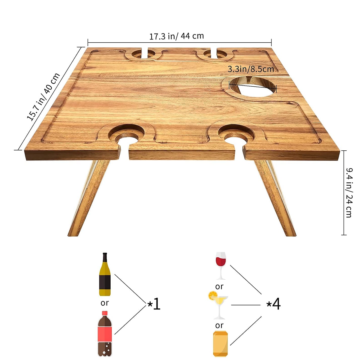 SASIDO Portable Wine Picnic Table, Acacia Wood, Larger Tray Foldable, Charcuterie Board, Wine Gift, Decor for Romantic Camping, Engagement Party, Concerts, Glamping, Winter Adventure