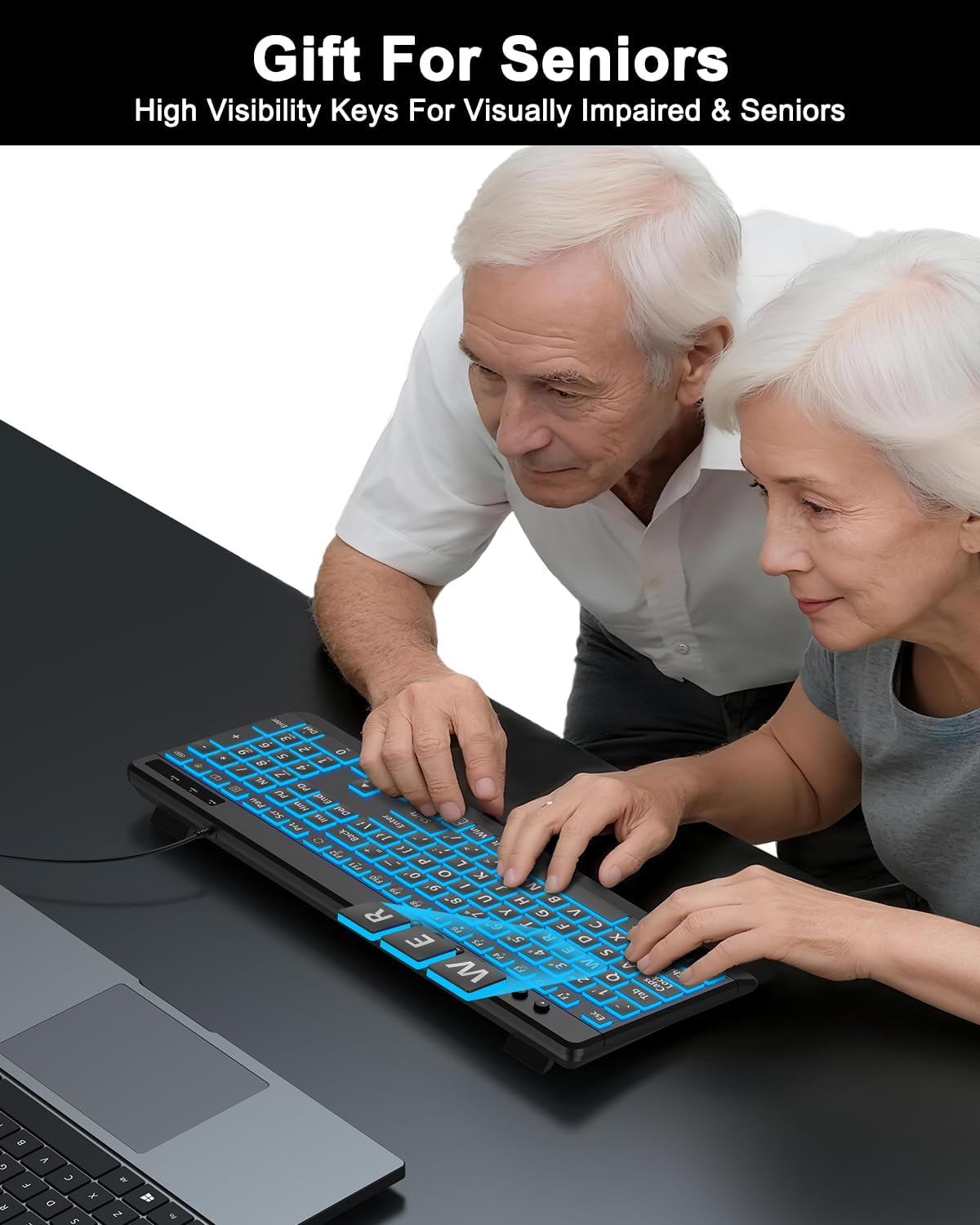 EDJO 7-Colors Large Print Backlit Wired Keyboard, Light Up USB Keyboard with Backlight, Oversize Letters Keys Full Size