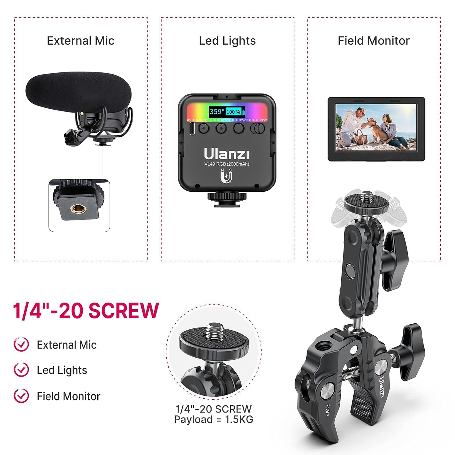 ULANZI Super Clamp Camera Clamp Mount Monitor 360° Ballhead Magic Arm Double Ball Head Adapter with 1/4"-20 & 3/8"-16 Thread for Canon Nikon DSLR Camera/Gopro/LED Lights/Ronin-M/Ronin MX/Freefly MOVI