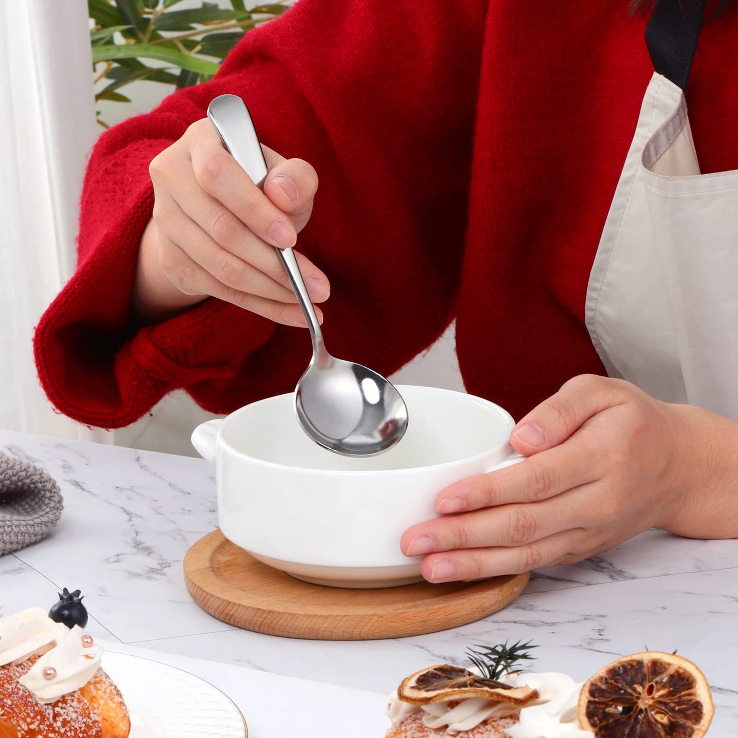 8 Piece Soup Bouillon Cereal Spoon,TEHAHA Stainless Steel Soup Spoons,6.2 Inch Round Broth Spoons,Silver