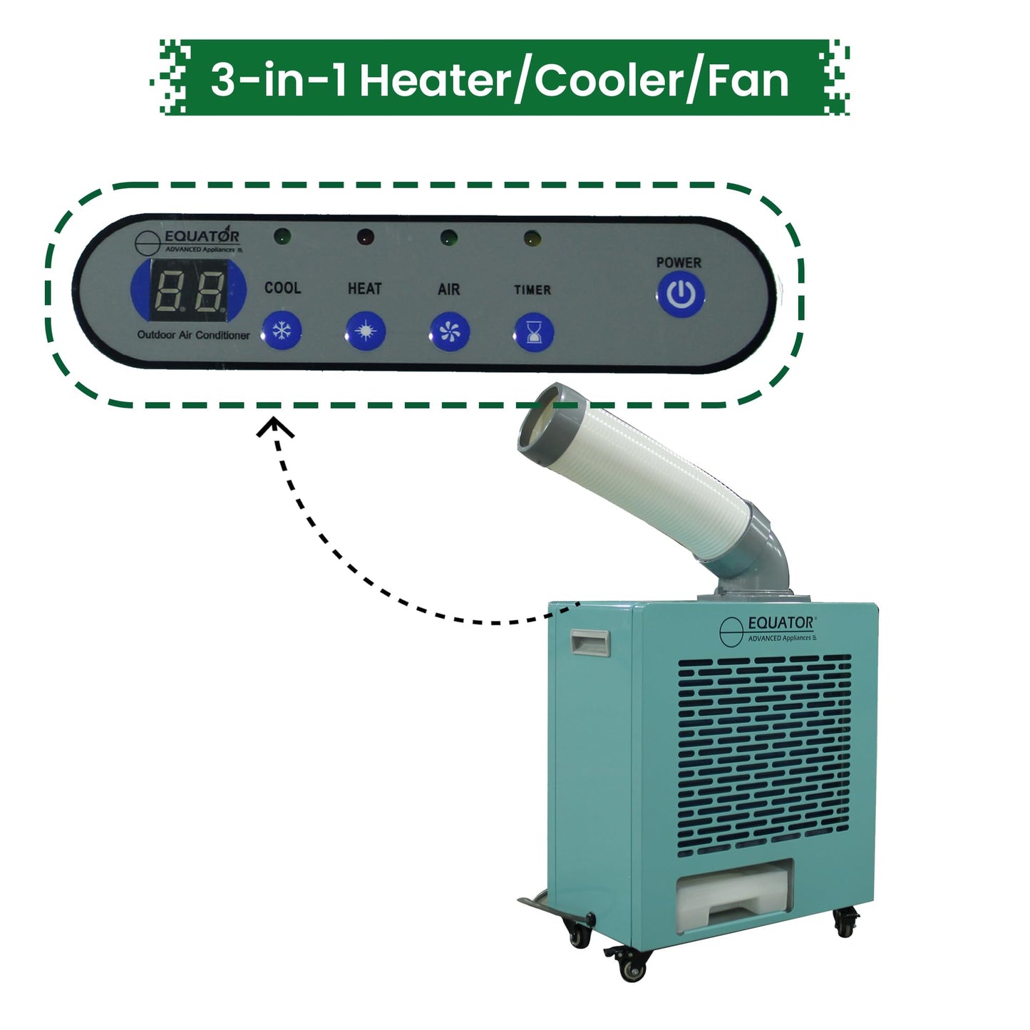 Equator 3-in-1, HEATER/Fan/AC 9000BTU Outdoor Air Conditioner IP24 Casters 110V (Turquoise Blue)